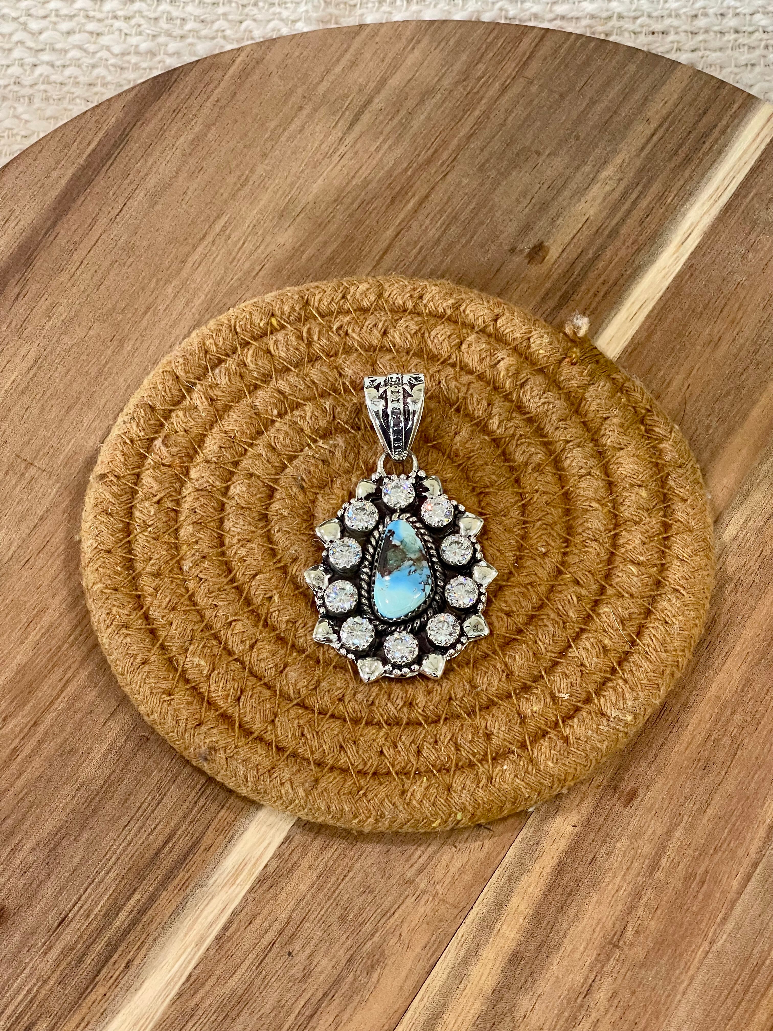 Handcrafted Sterling Silver , Golden Hills & CZ Cluster Pendant