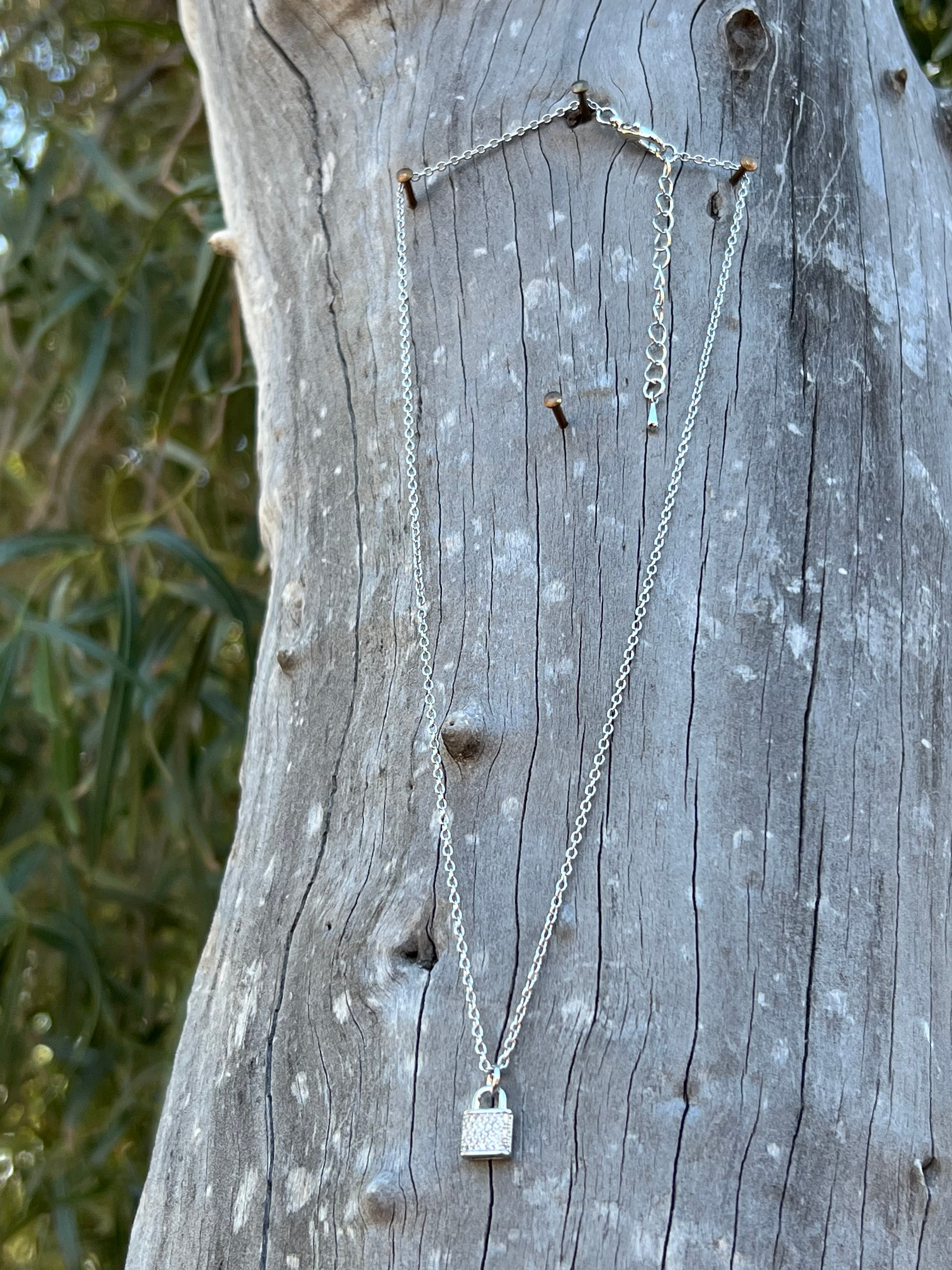 Silver Plated CZ Lock Pendant Chain Necklace