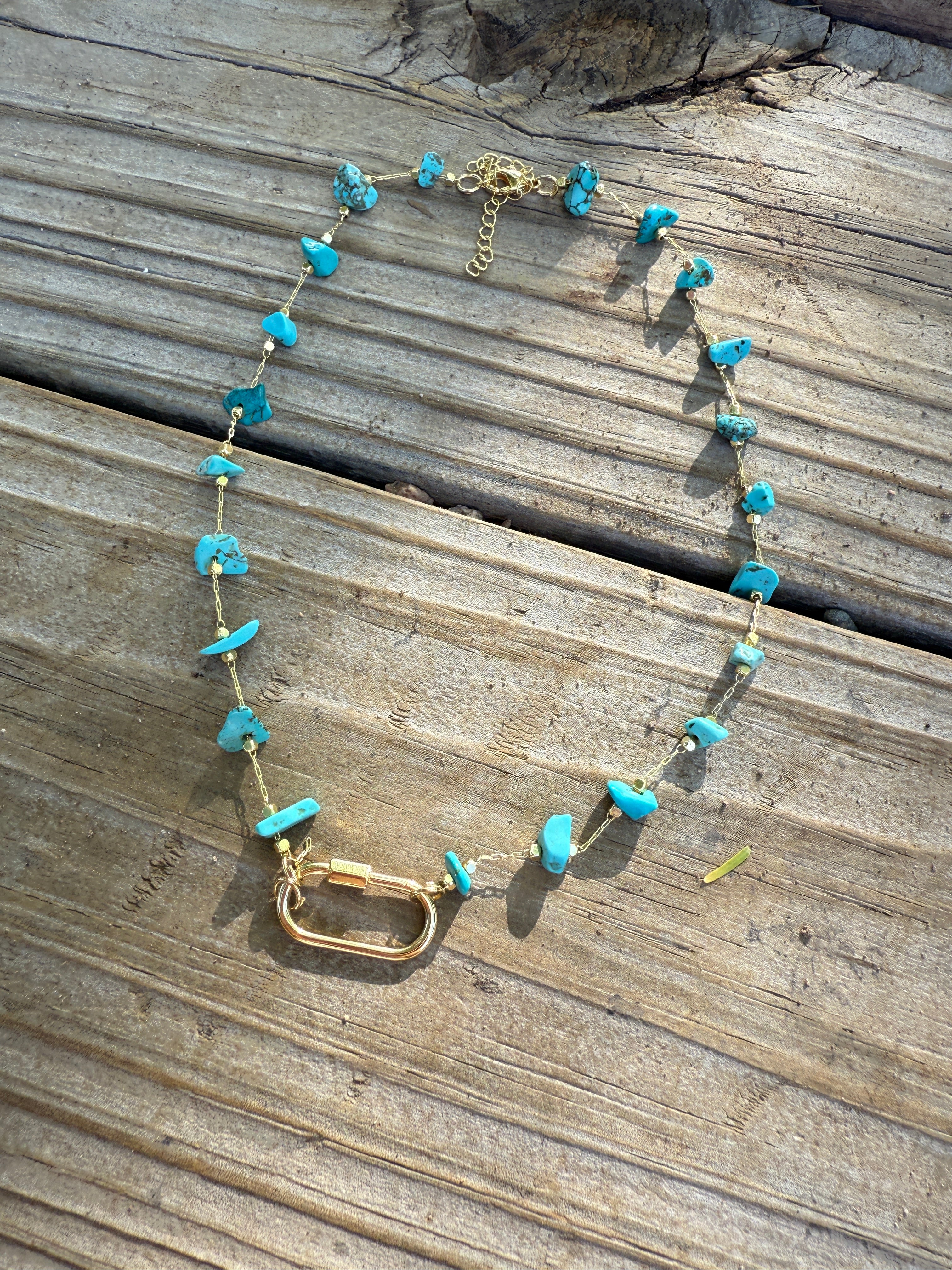 “The Golden Collection” Turquoise Beaded Gravel Paperclip Handmade 14k Gold Plated Necklace