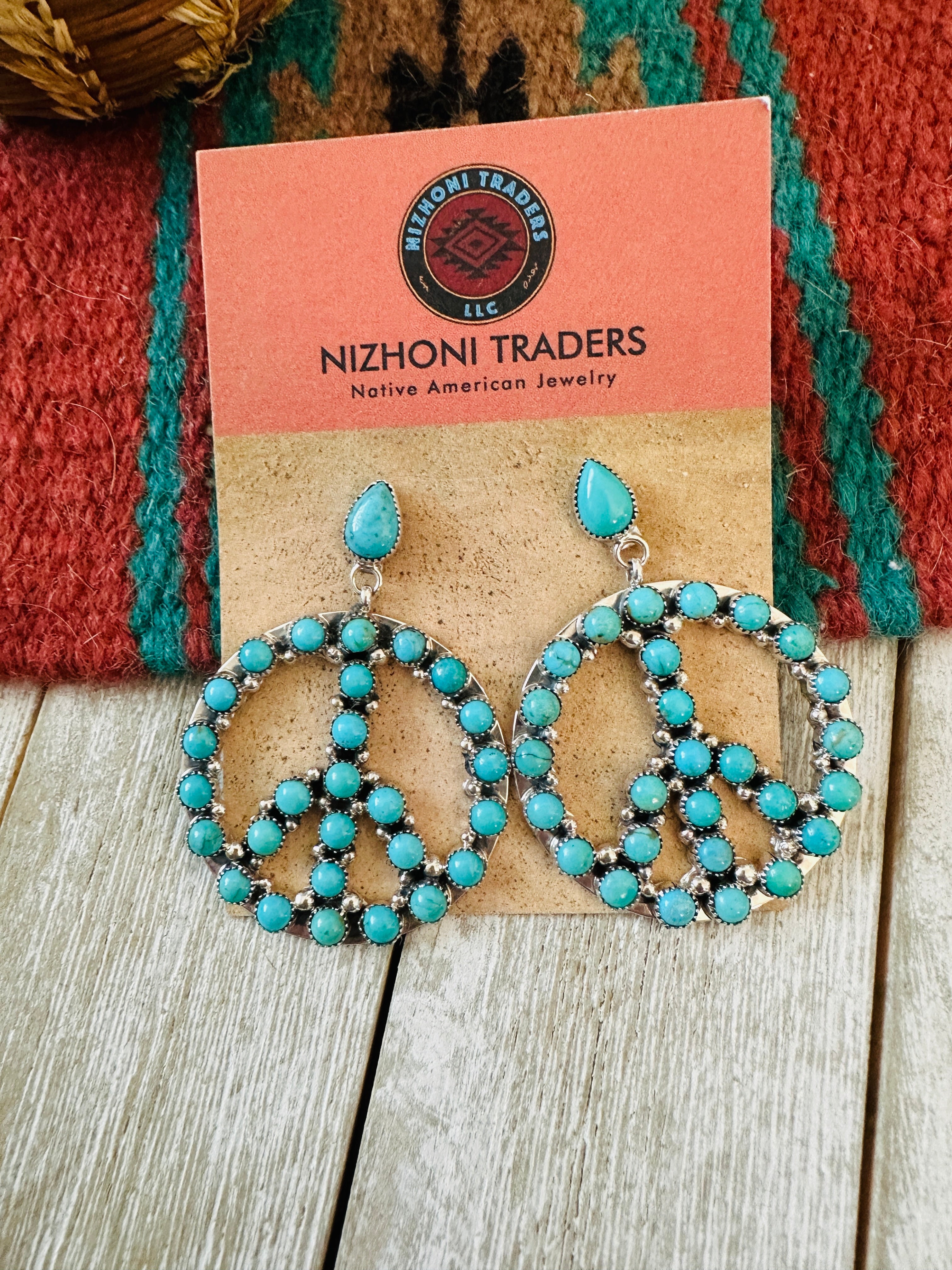 Handcrafted Turquoise & Sterling Silver Peace Sign Dangle Earrings