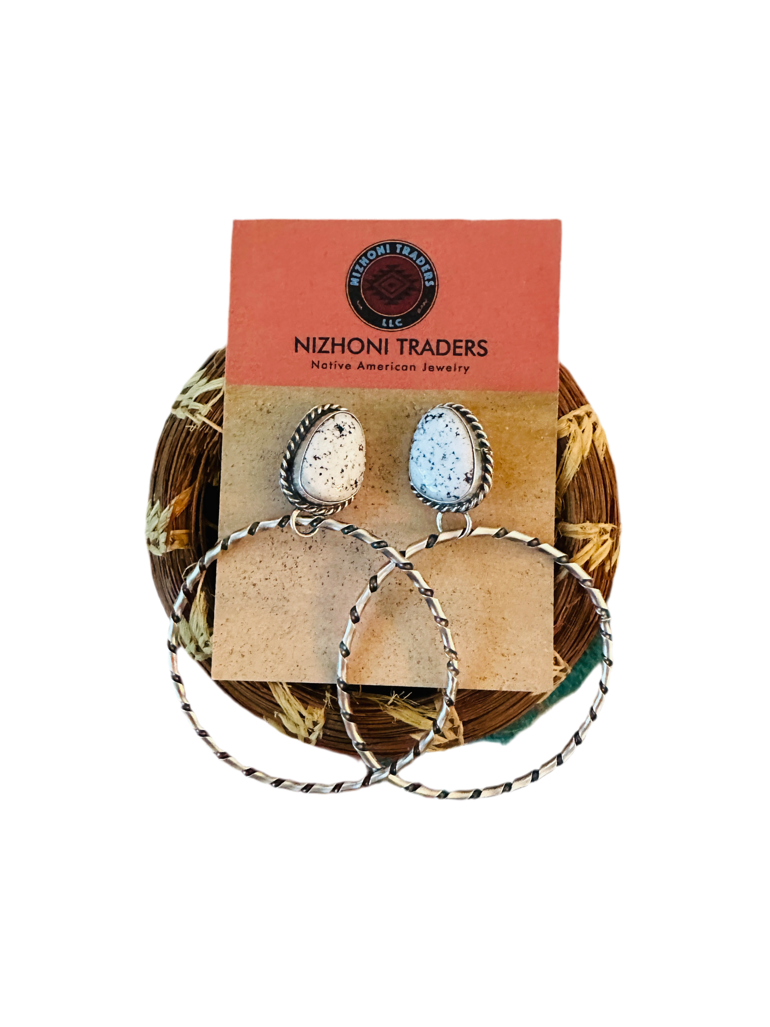 Navajo White Buffalo and Sterling Silver Dangle Hoop Earrings