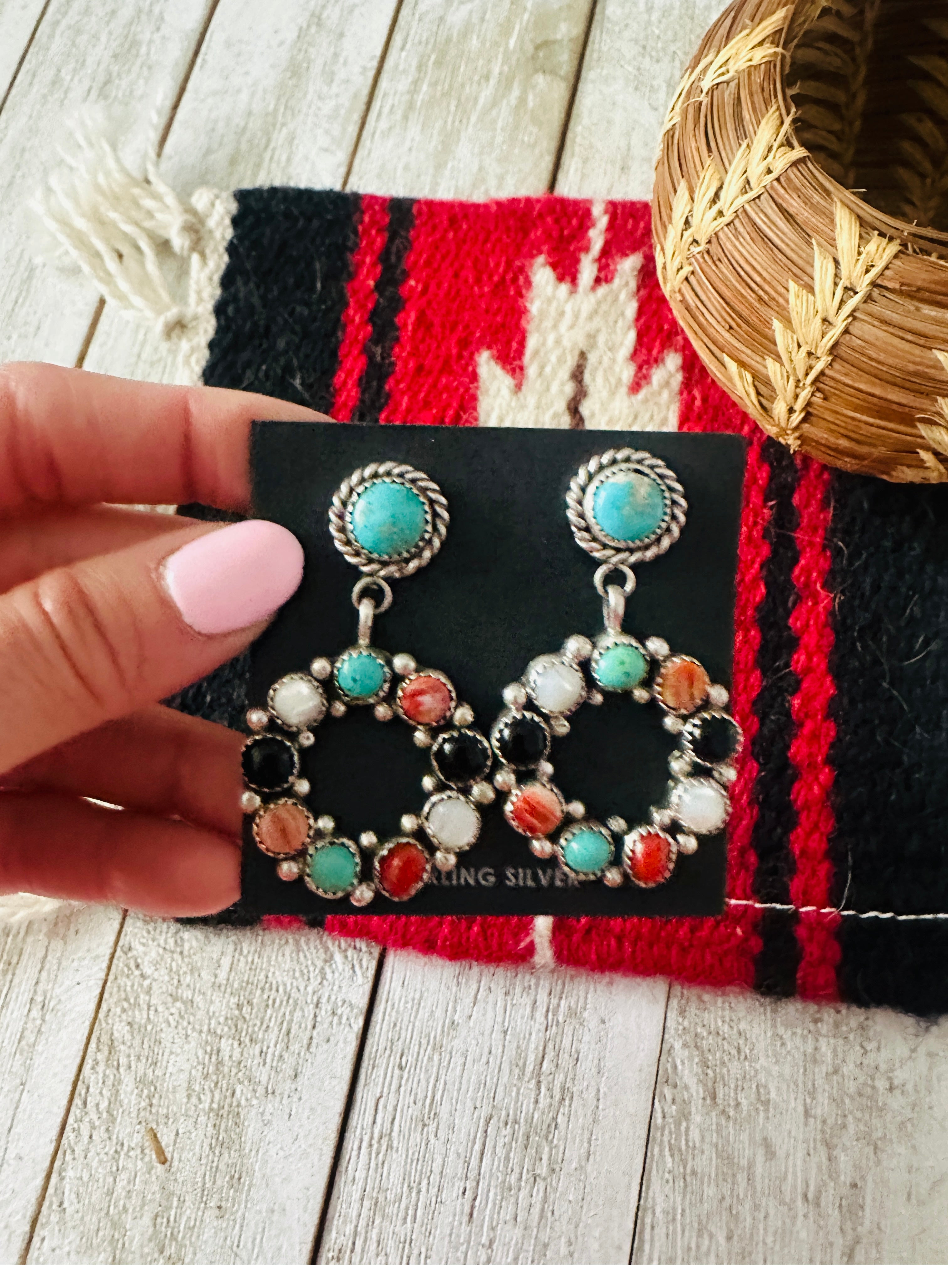 Navajo Sterling Silver & Multi Stone Dangle Earrings