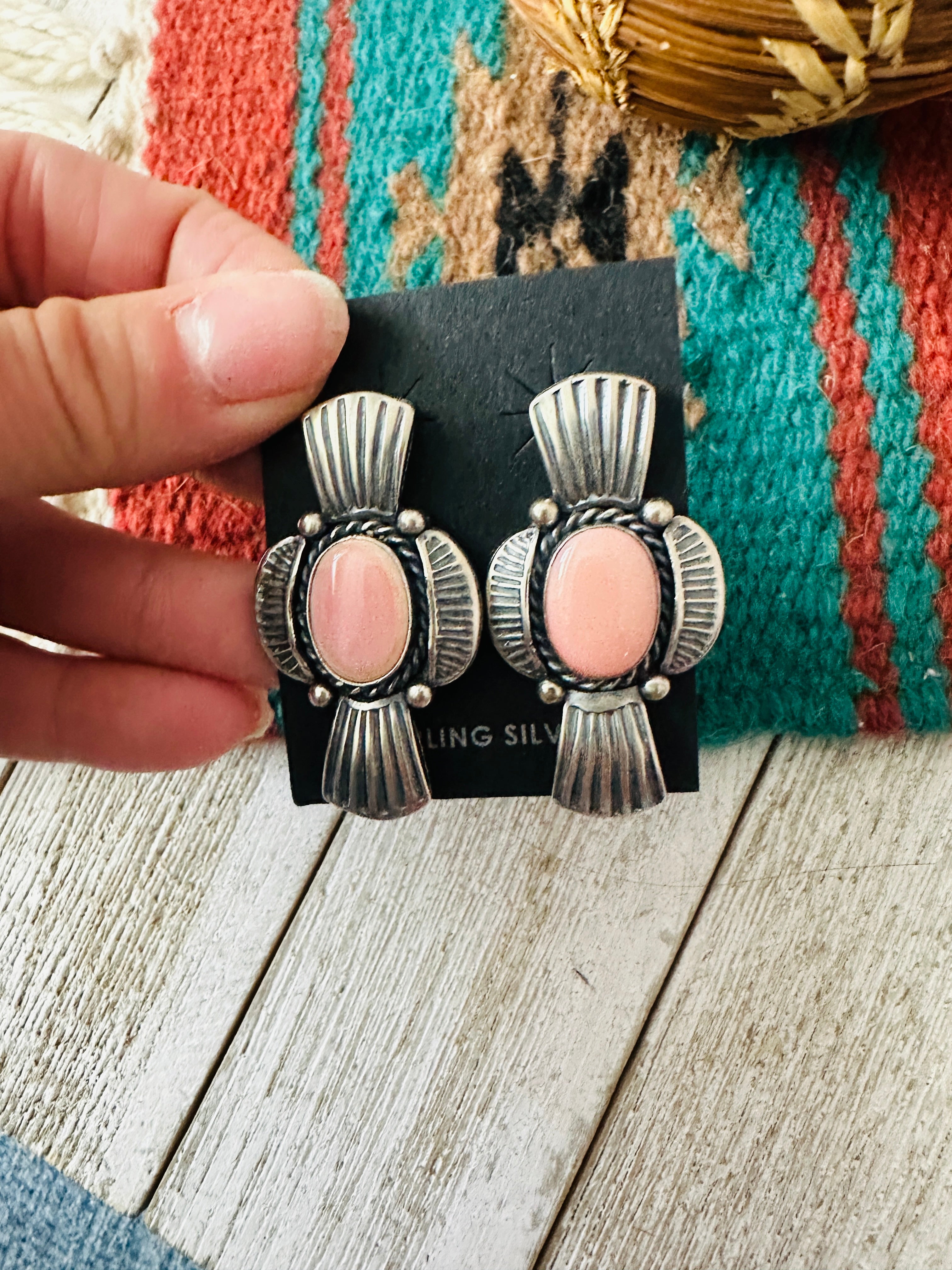 Navajo Sterling Silver & Queen Pink Conch Post Earrings