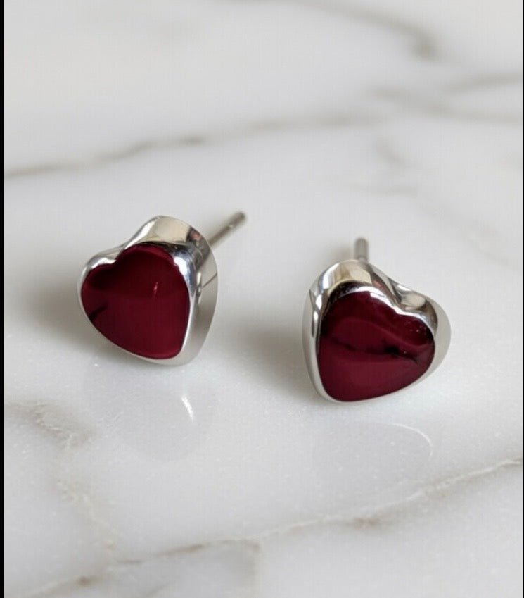Sterling Silver Red Heart Stud Earrings