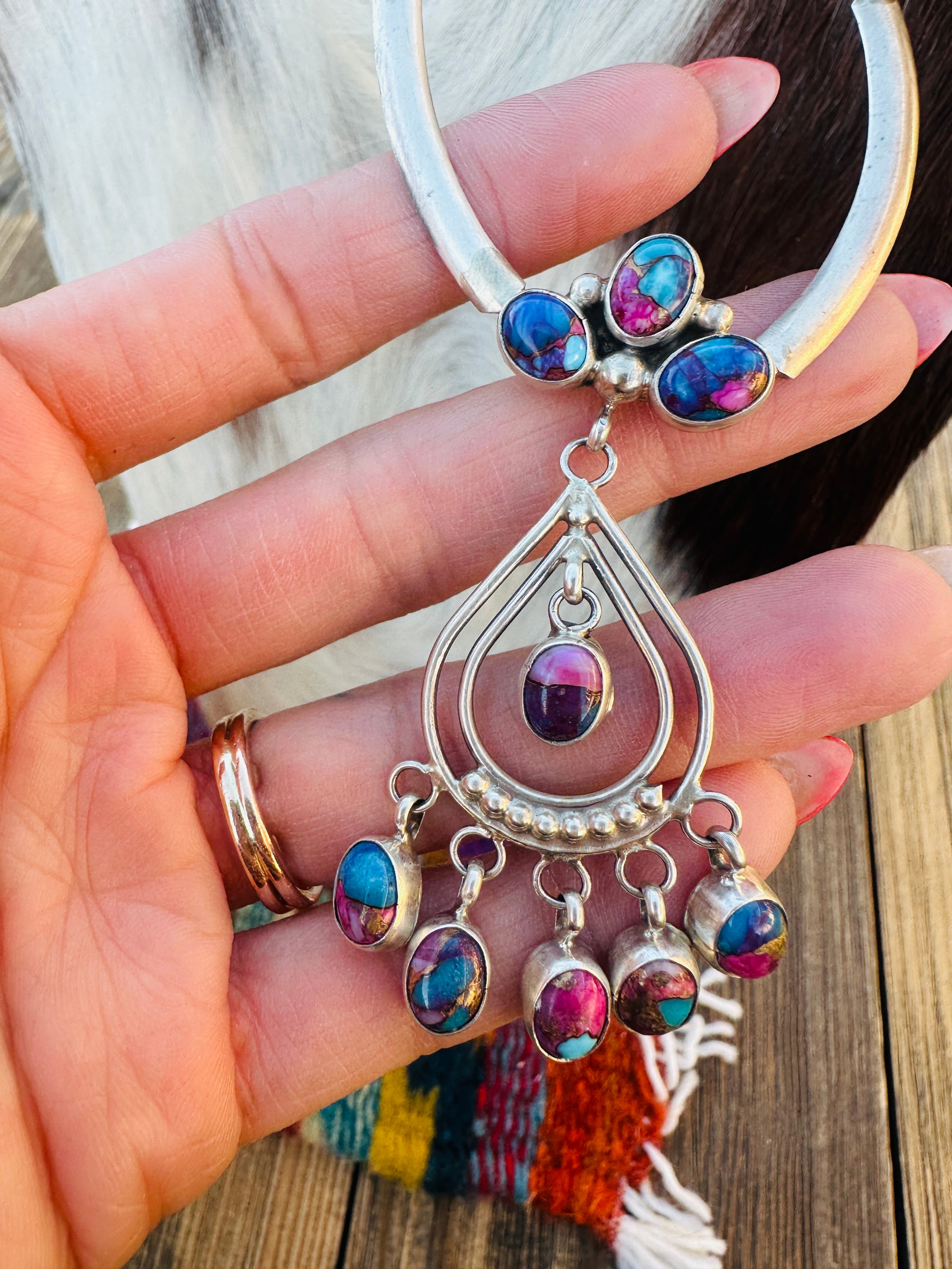 Handcrafted Pink Dream Mojave & Sterling Silver Chandelier Necklace by Pearlene Spencer