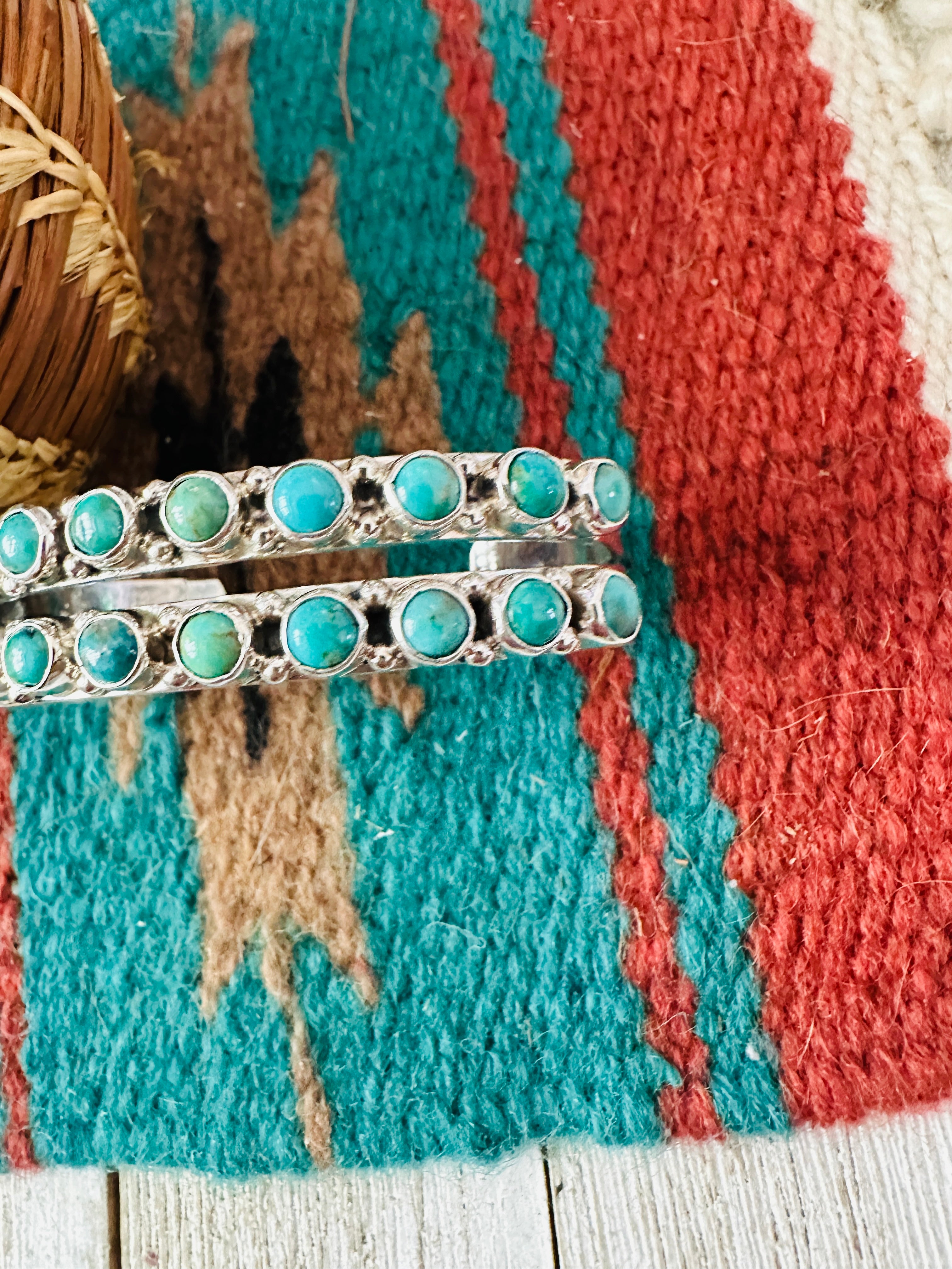 Handcrafted Sterling Silver & Turquoise Two Row Cuff Bracelet /