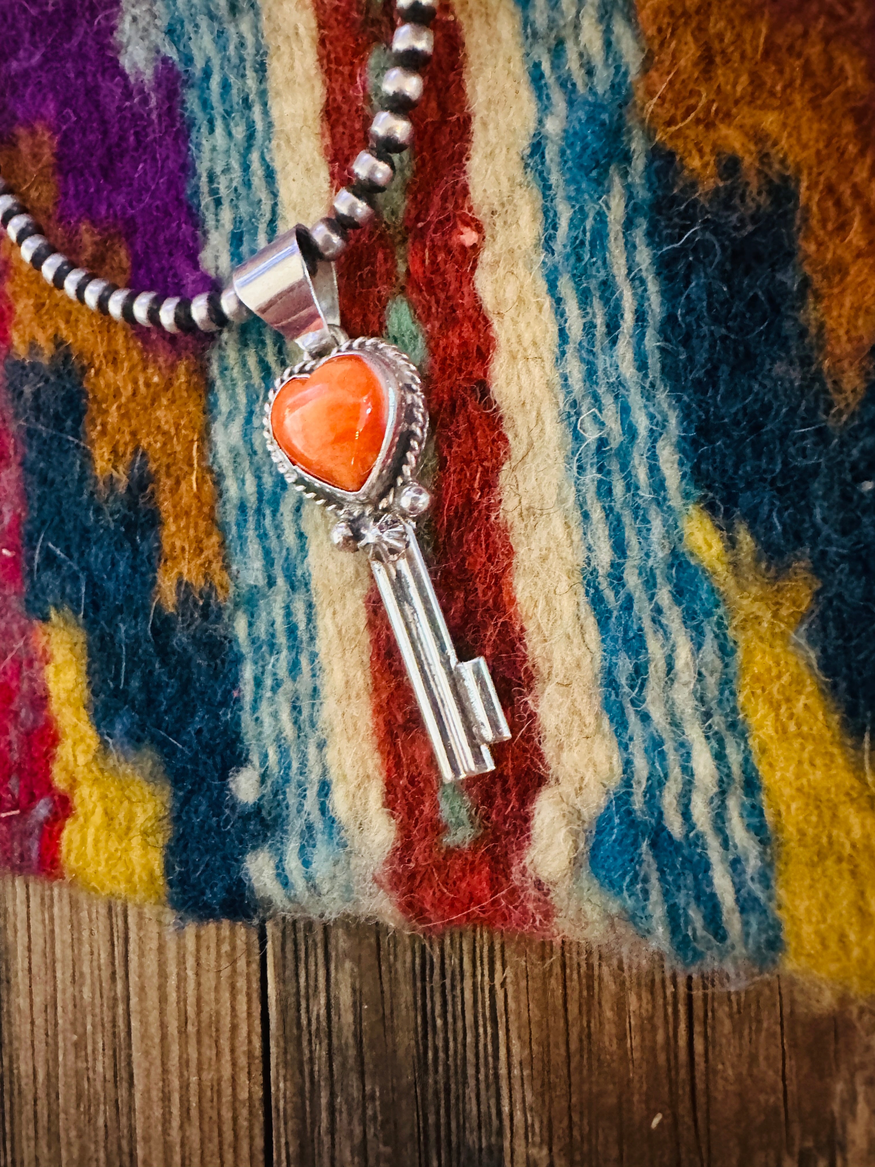 Handcrafted Spiny Oyster & Sterling Silver Heart Key Pendant