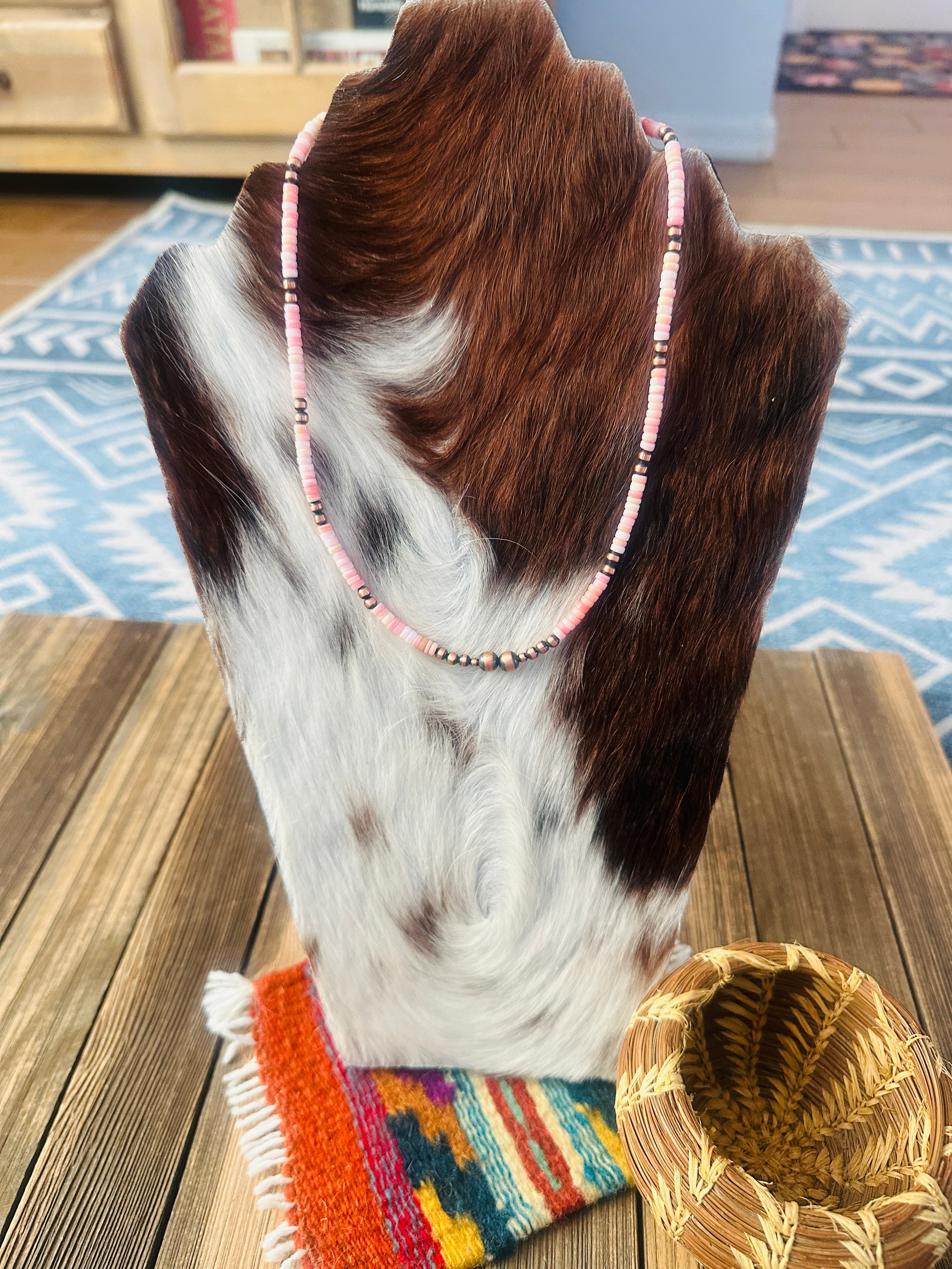 Handcrafted Queen Pink Conch & Copper 16” Beaded Necklace