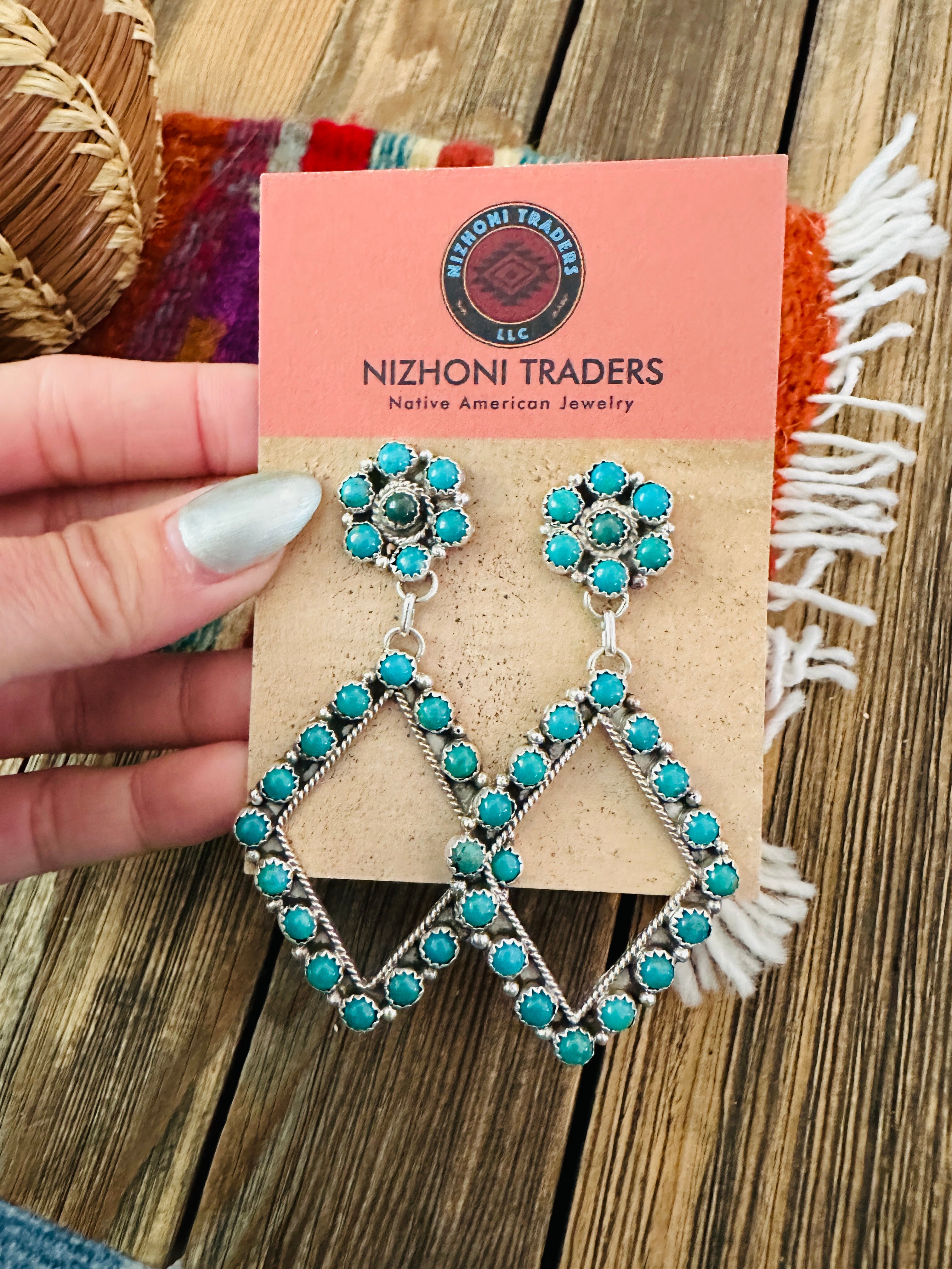 Handcrafted Turquoise & Sterling Silver Cluster Dangle Earrings