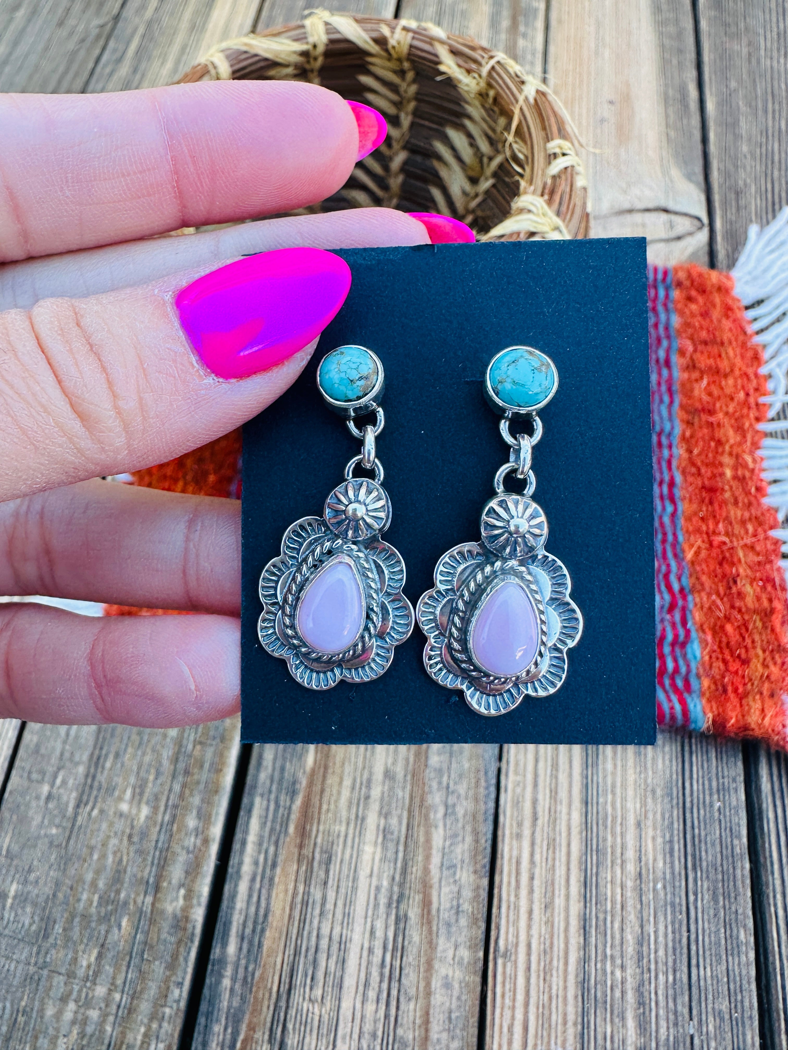 Handcrafted Sterling Silver, Turquoise & Queen Pink Conch Dangle Earrings