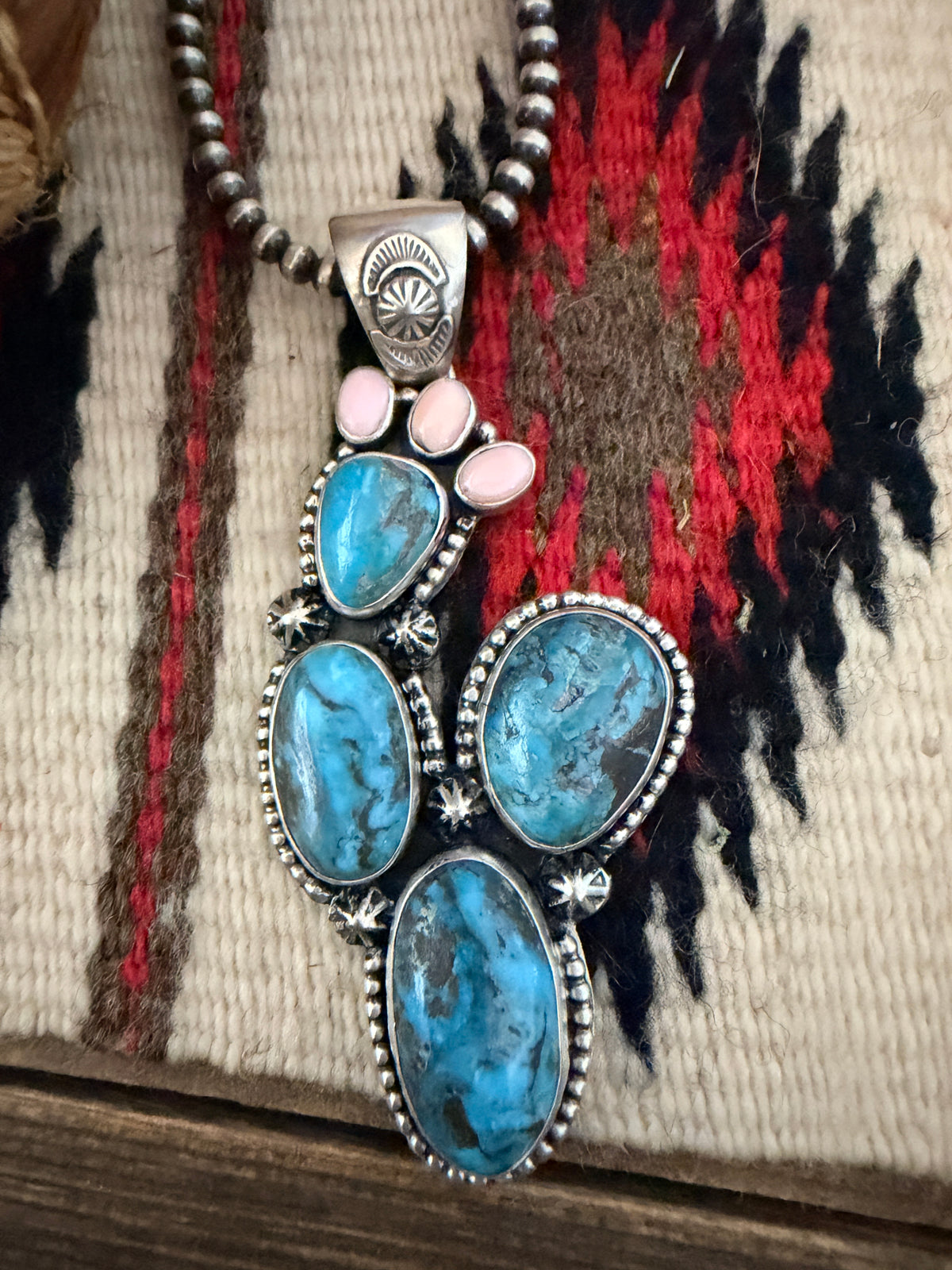 Handcrafted Sterling Silver, Turquoise & Queen Pink Conch Cactus Pendant by Larry Kaye