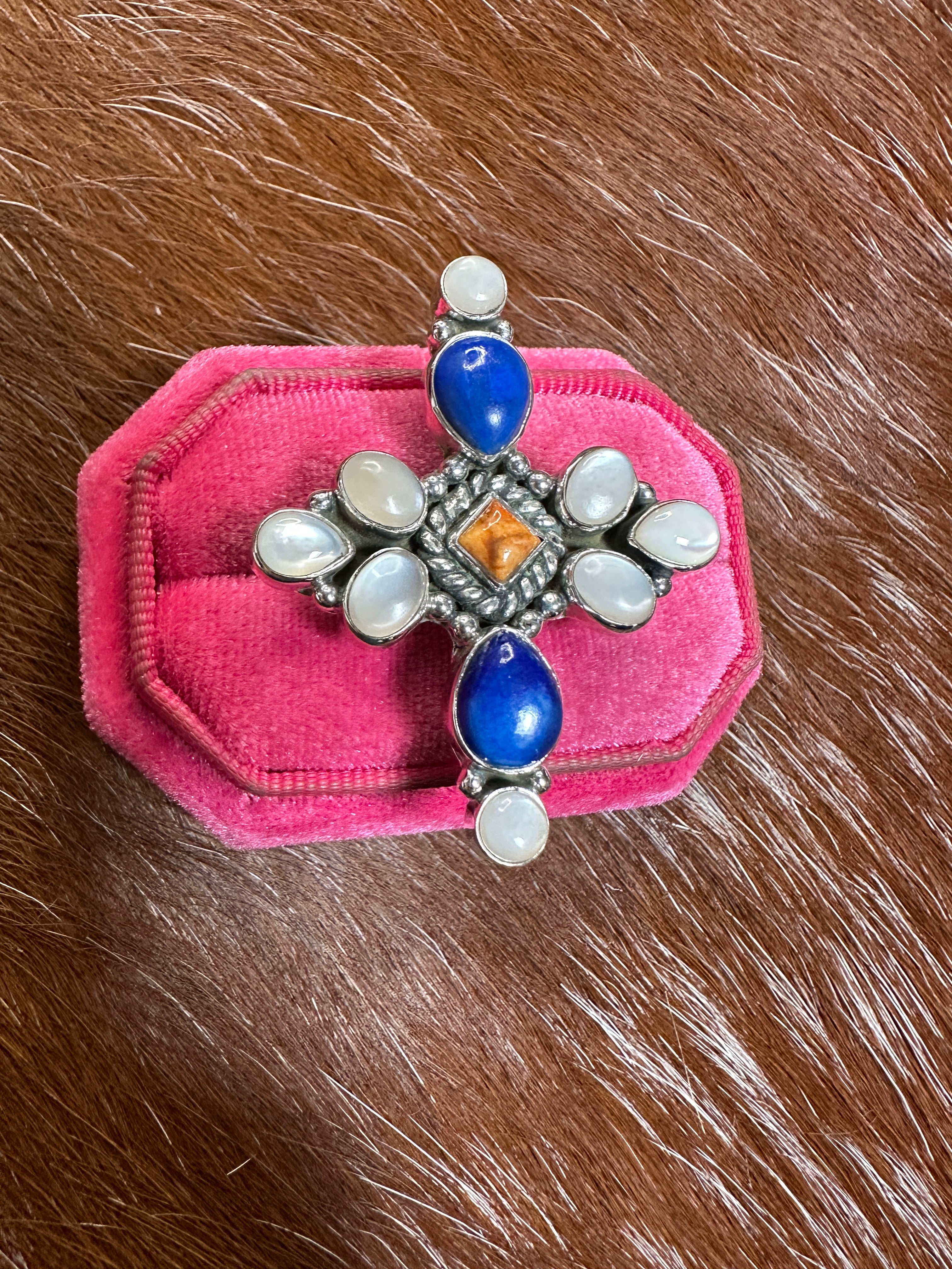 Handmade Mother of Pearl, Lapis, Orange Mojave & Sterling Silver Adjustable Ring Signed Nizhoni