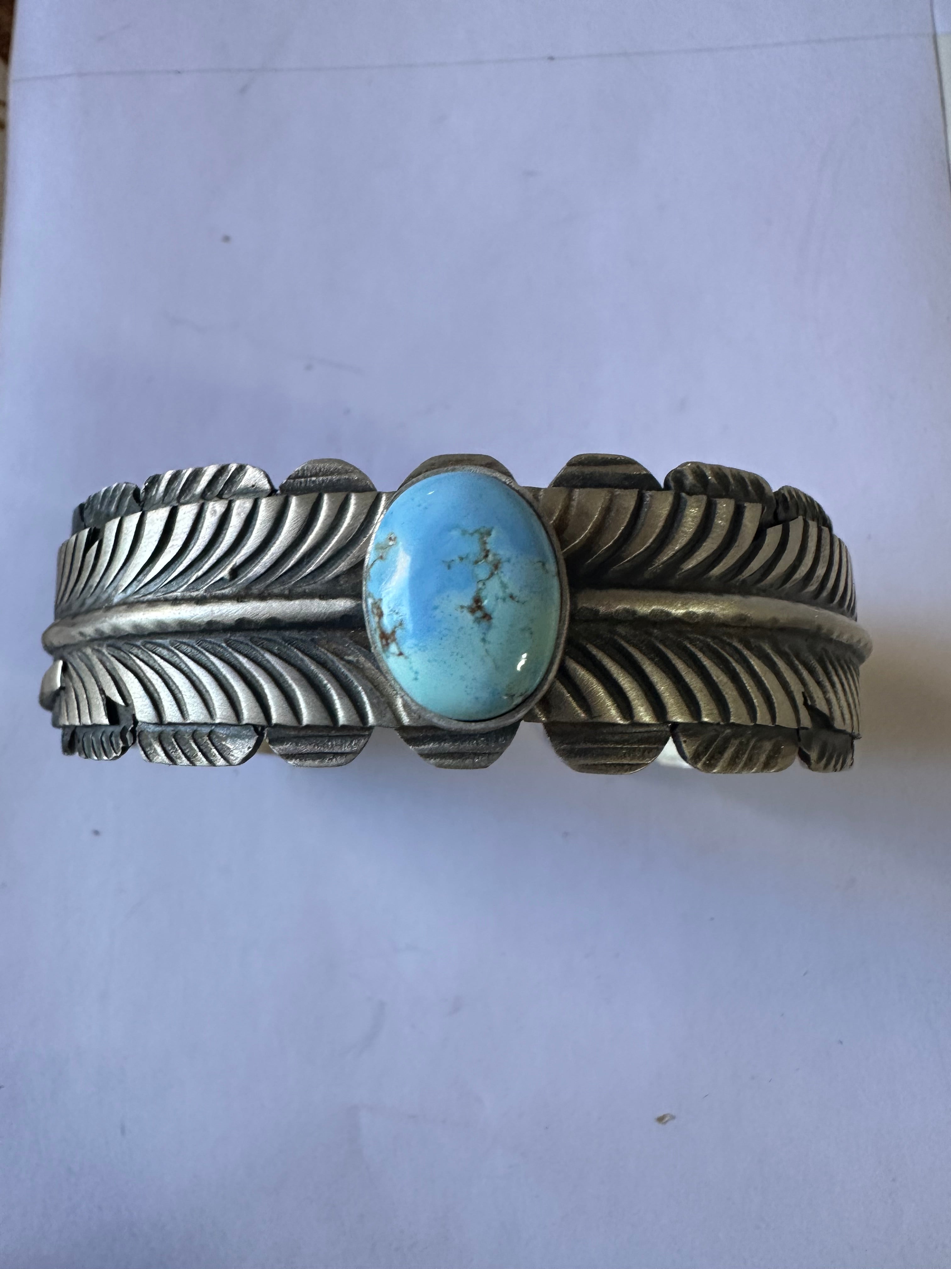 Handcrafted Golden Hills Turquoise & Sterling Silver Feather Cuff Bracelet