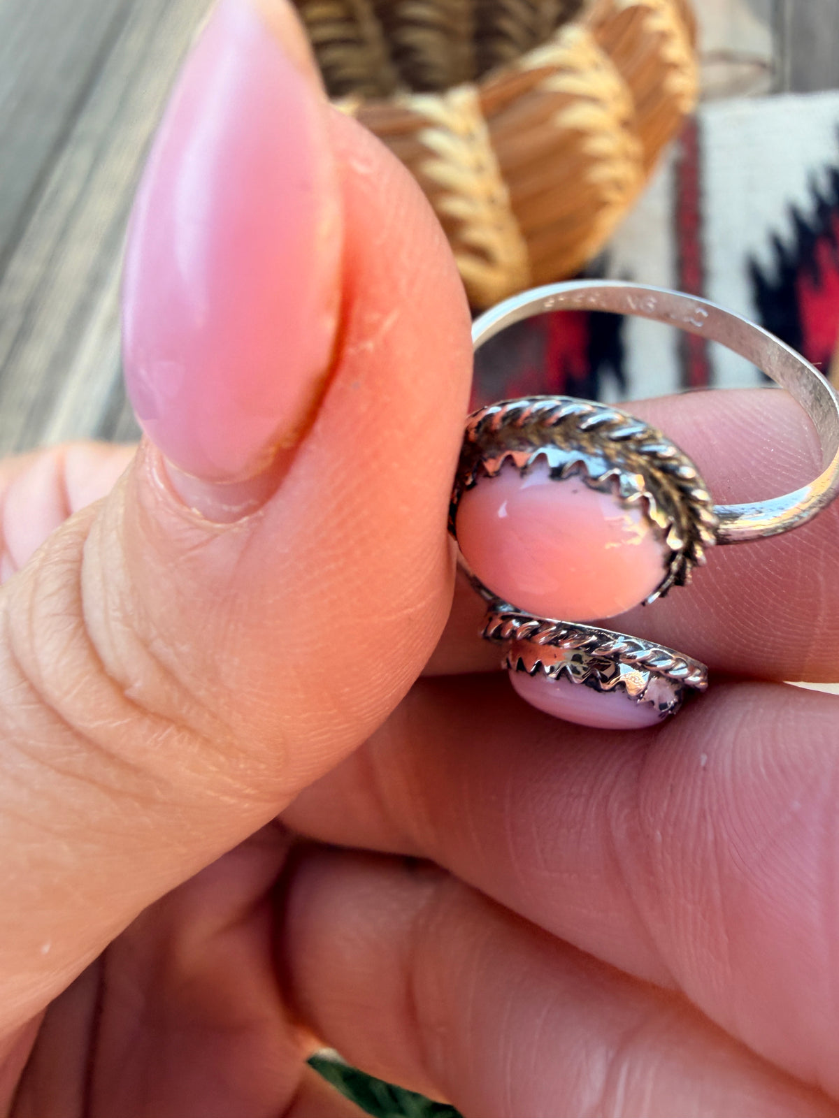 Handcrafted Queen Pink Conch & Sterling Silver Adjustable Ring