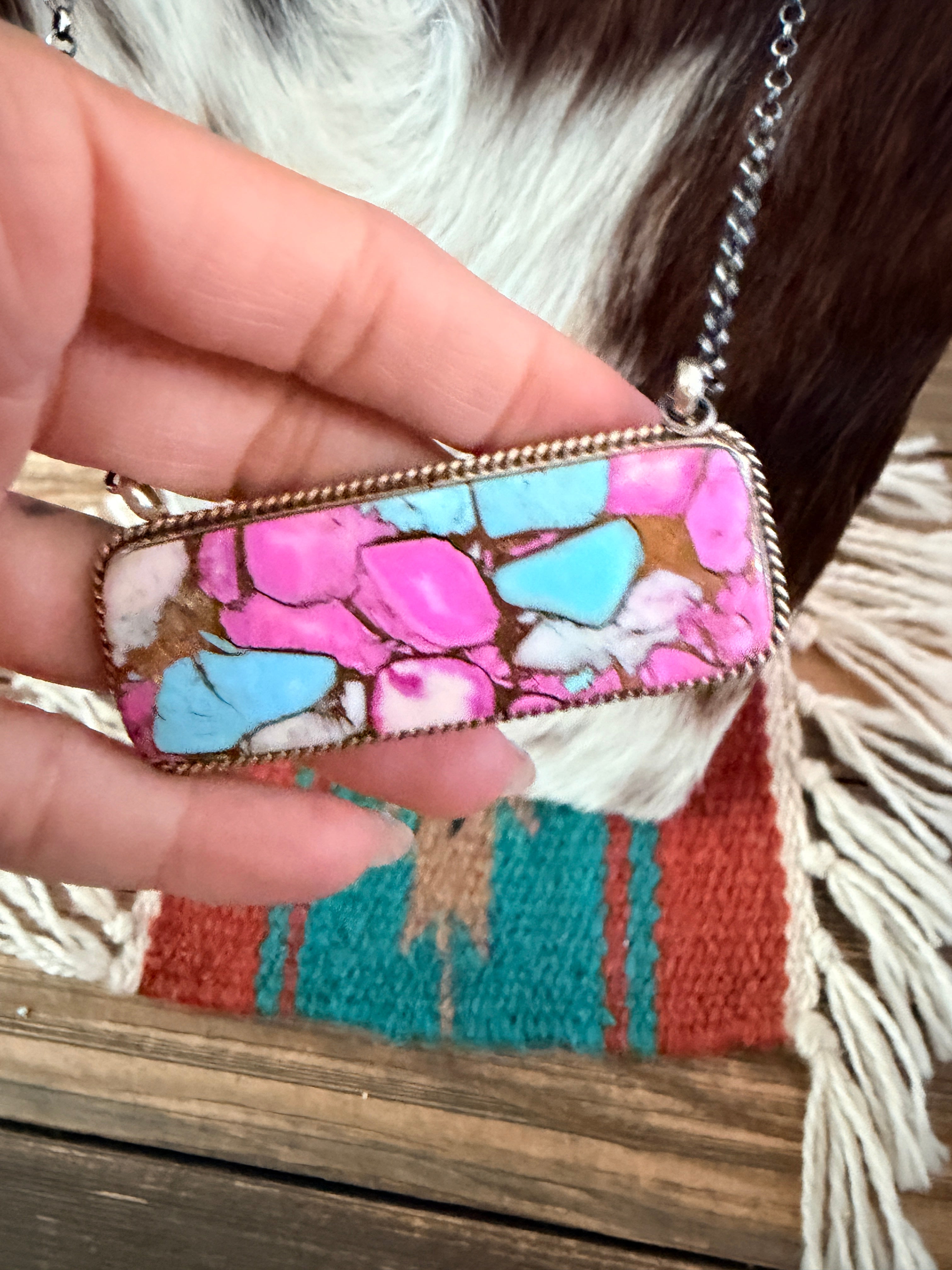 Handcrafted Cotton Candy & Sterling Silver Bar Necklace 18"