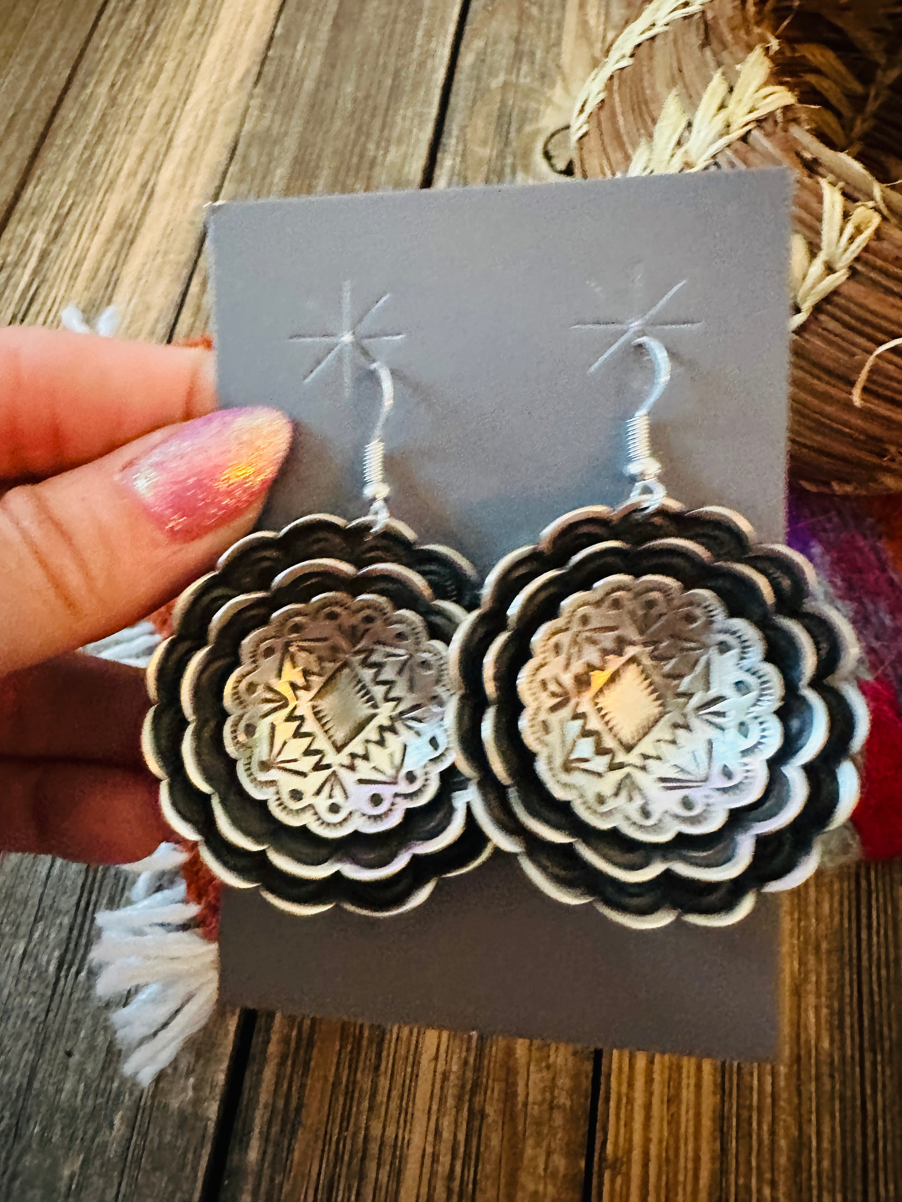 Handcrafted Sterling Silver Concho Dangle Earrings by Leander Tahe