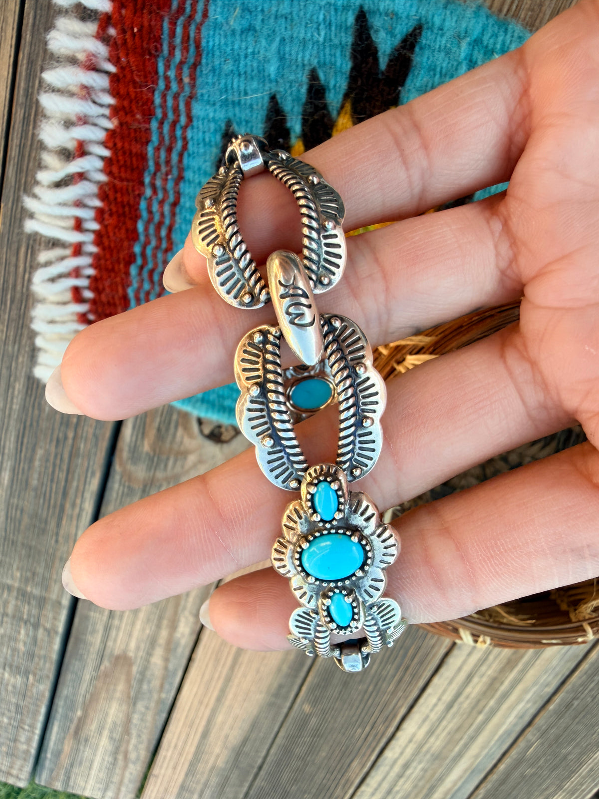 Handcrafted Old Pawn Sterling Silver & Turquoise Link Bracelet