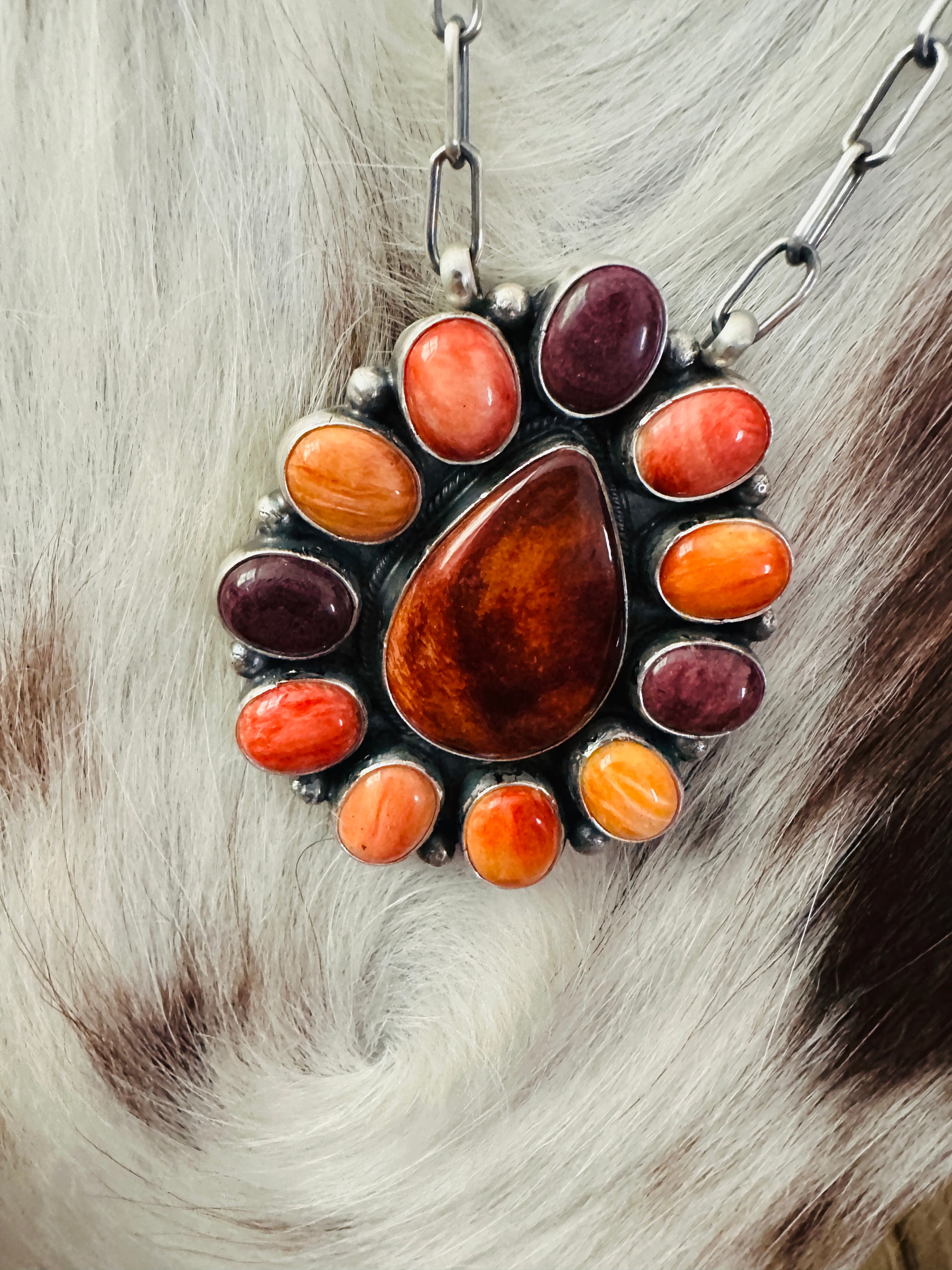 Handcrafted Multicolor Spiny Oyster & Sterling Silver Cluster Necklace by Sheila Becenti