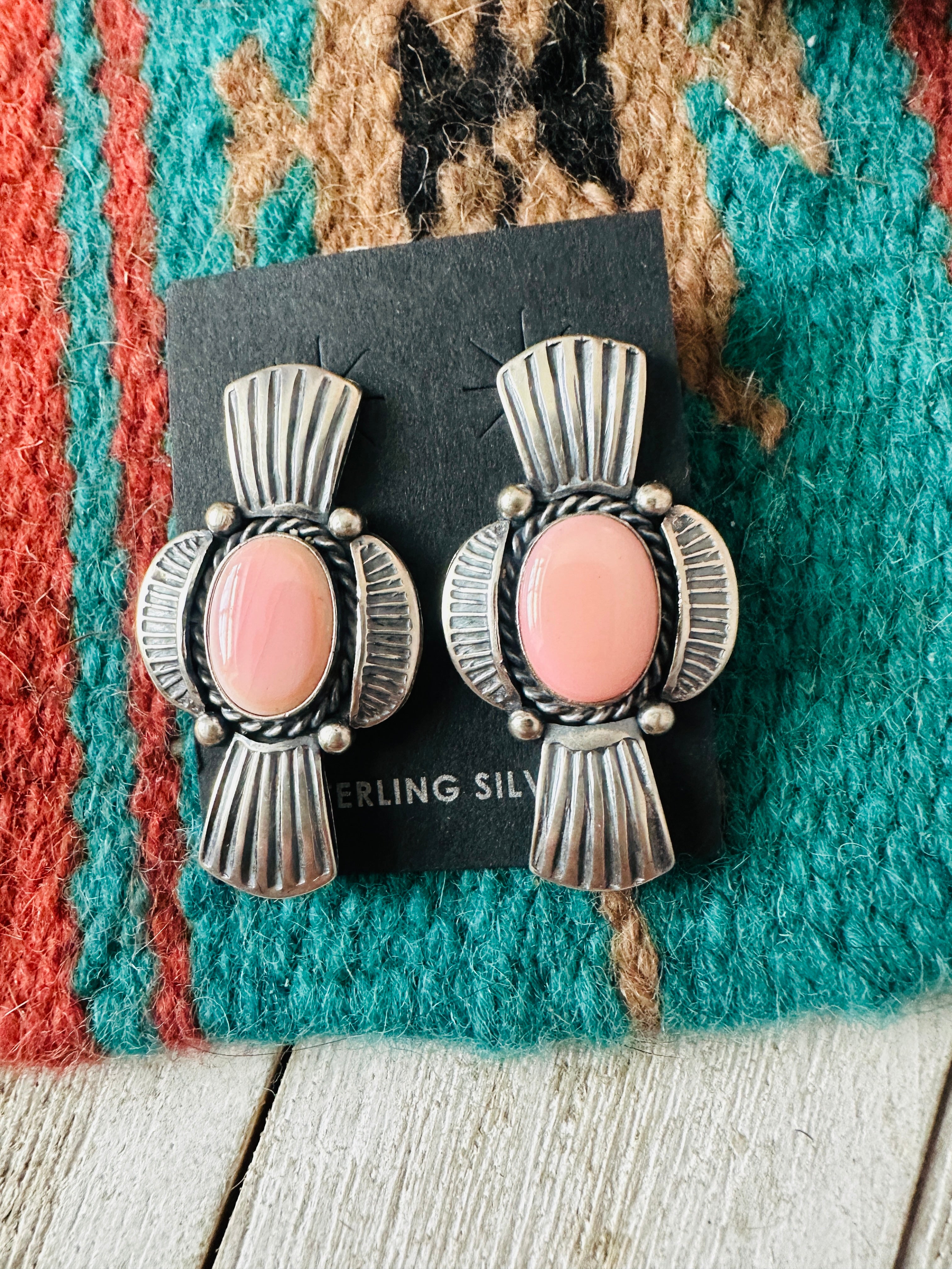 Navajo Sterling Silver & Queen Pink Conch Post Earrings