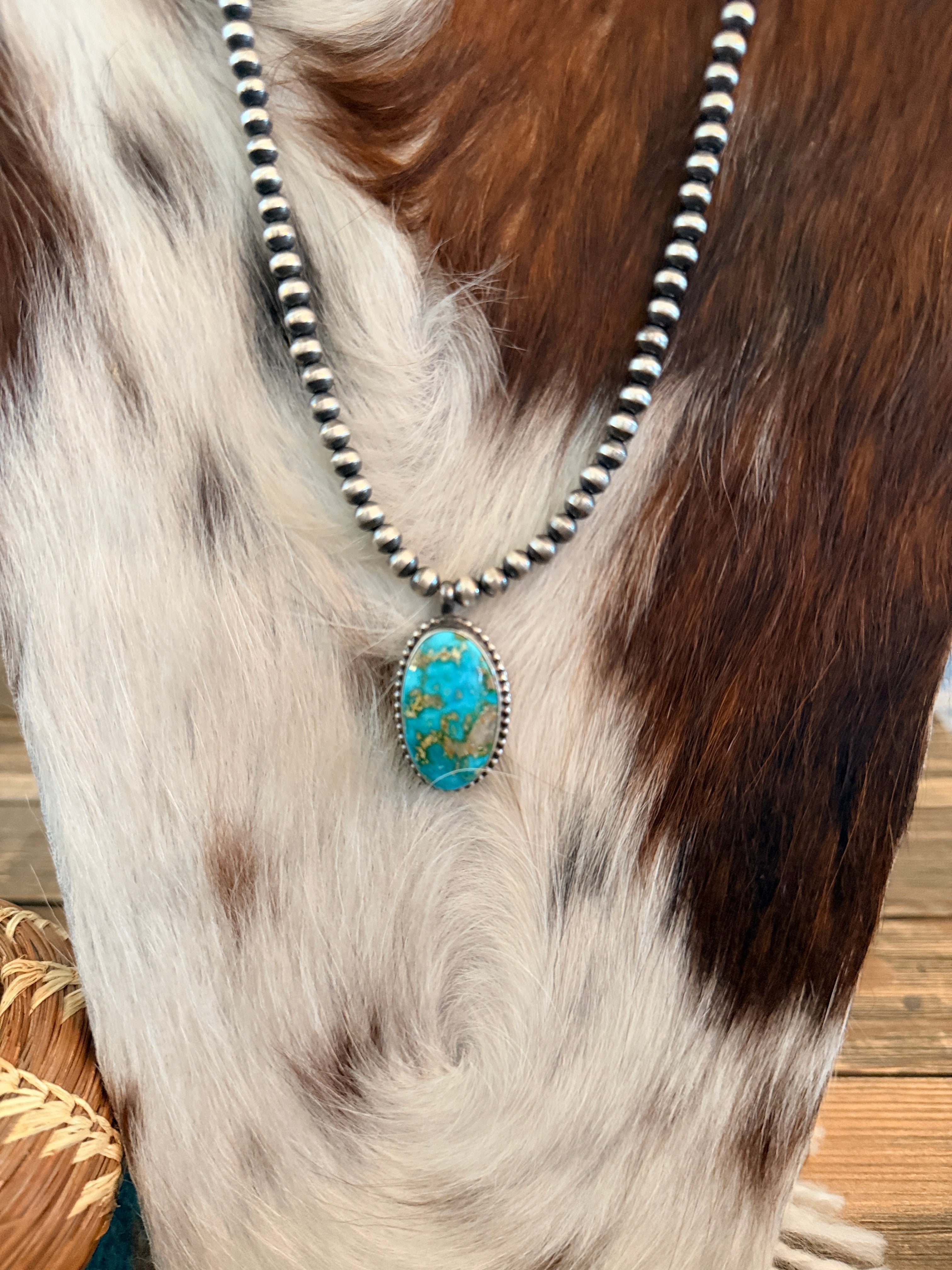Handcrafted Turquoise & 5mm Sterling Silver Pearl 18” Beaded Necklace