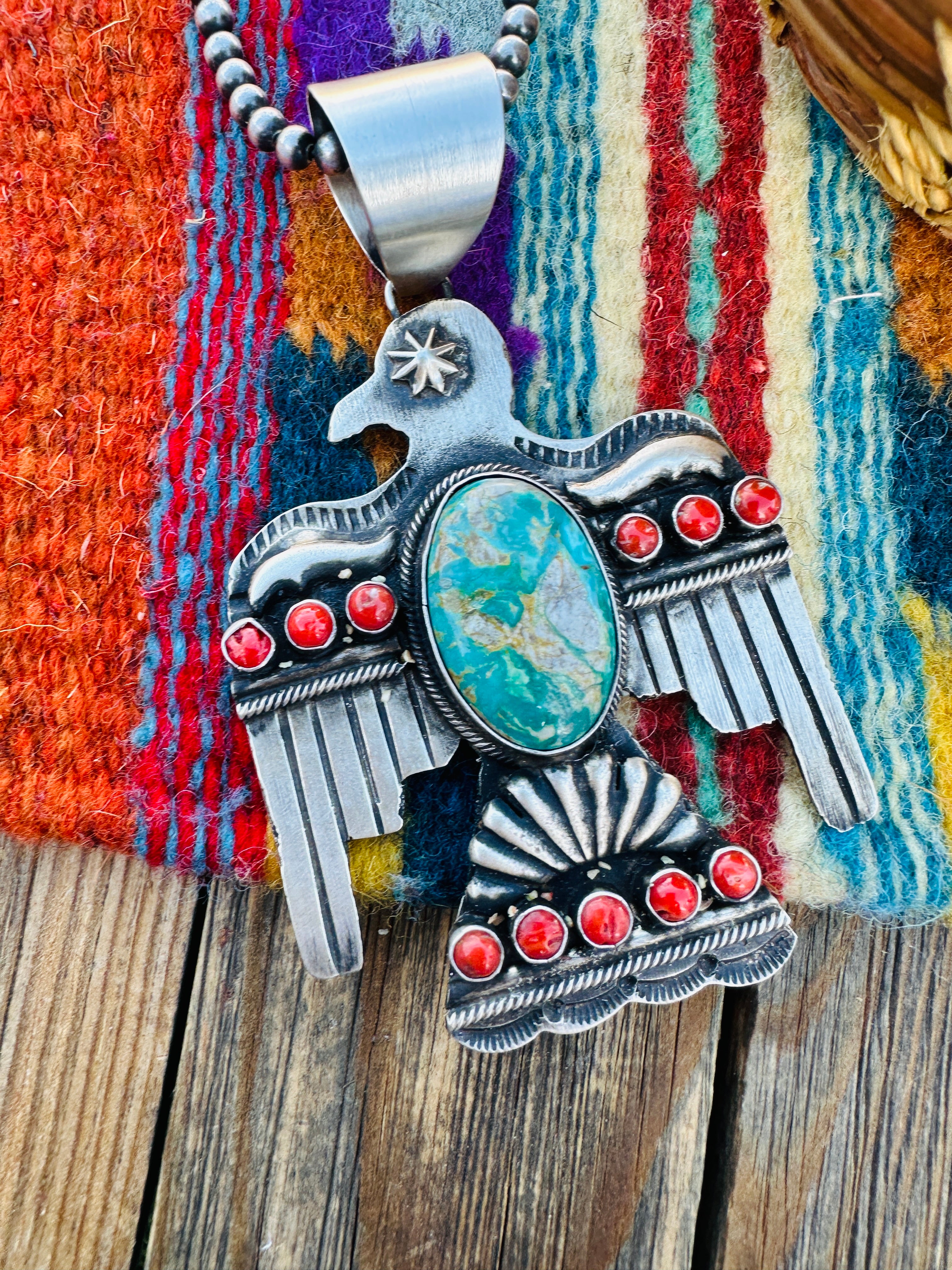 Handcrafted Turquoise, Coral & Sterling Silver Thunderbird Pendant by Richard Yazzie