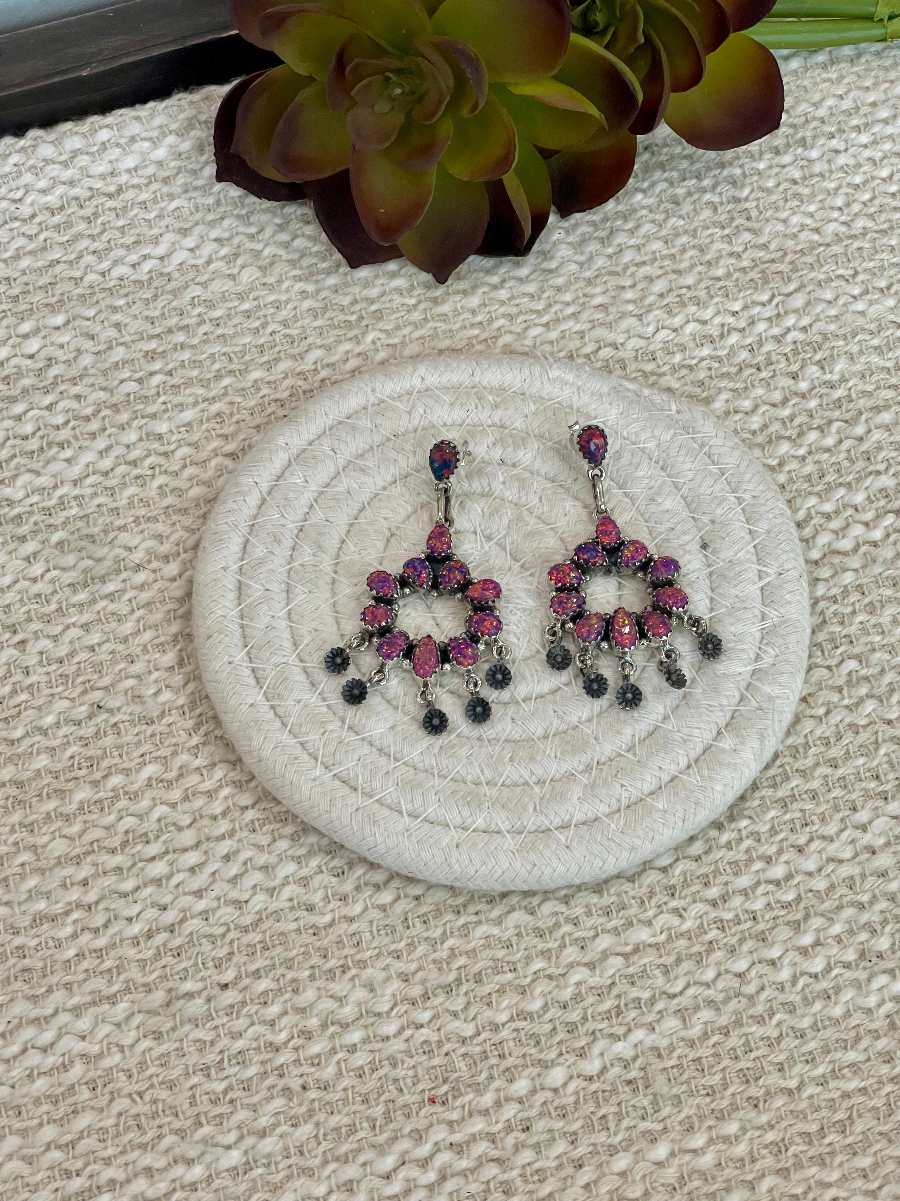 Handmade Pink Fire Opal and Sterling Silver Cluster Dangle Earrings