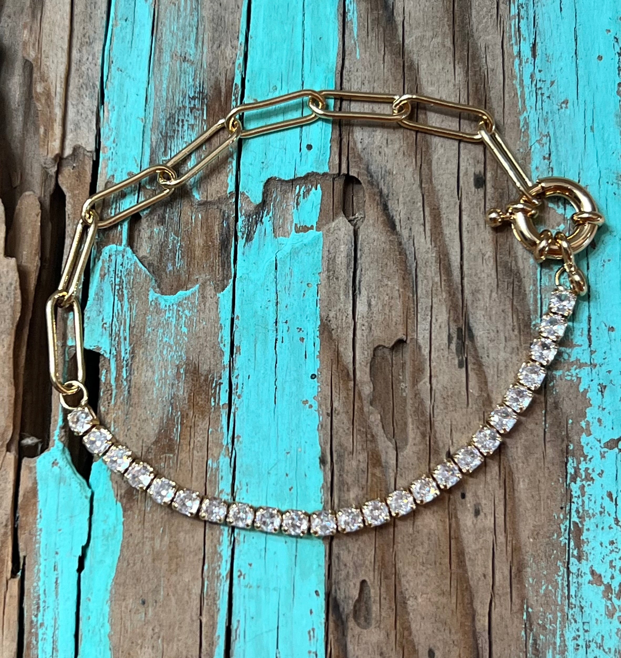 CZ & Paperclip 14k Gold Plated Chain Bracelet