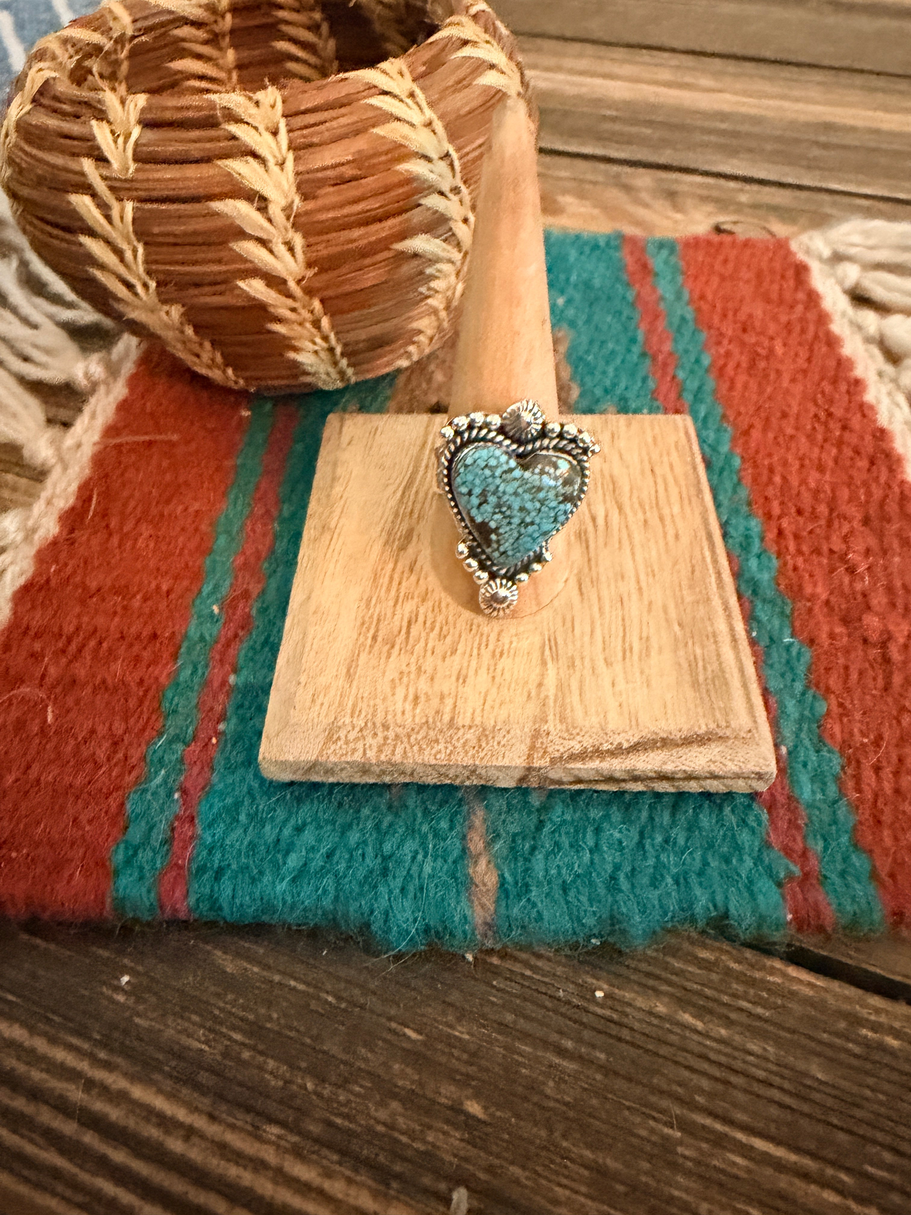 Handmade Sterling Silver Number 8 Turquoise Adjustable Heart Ring Signed Nizhoni