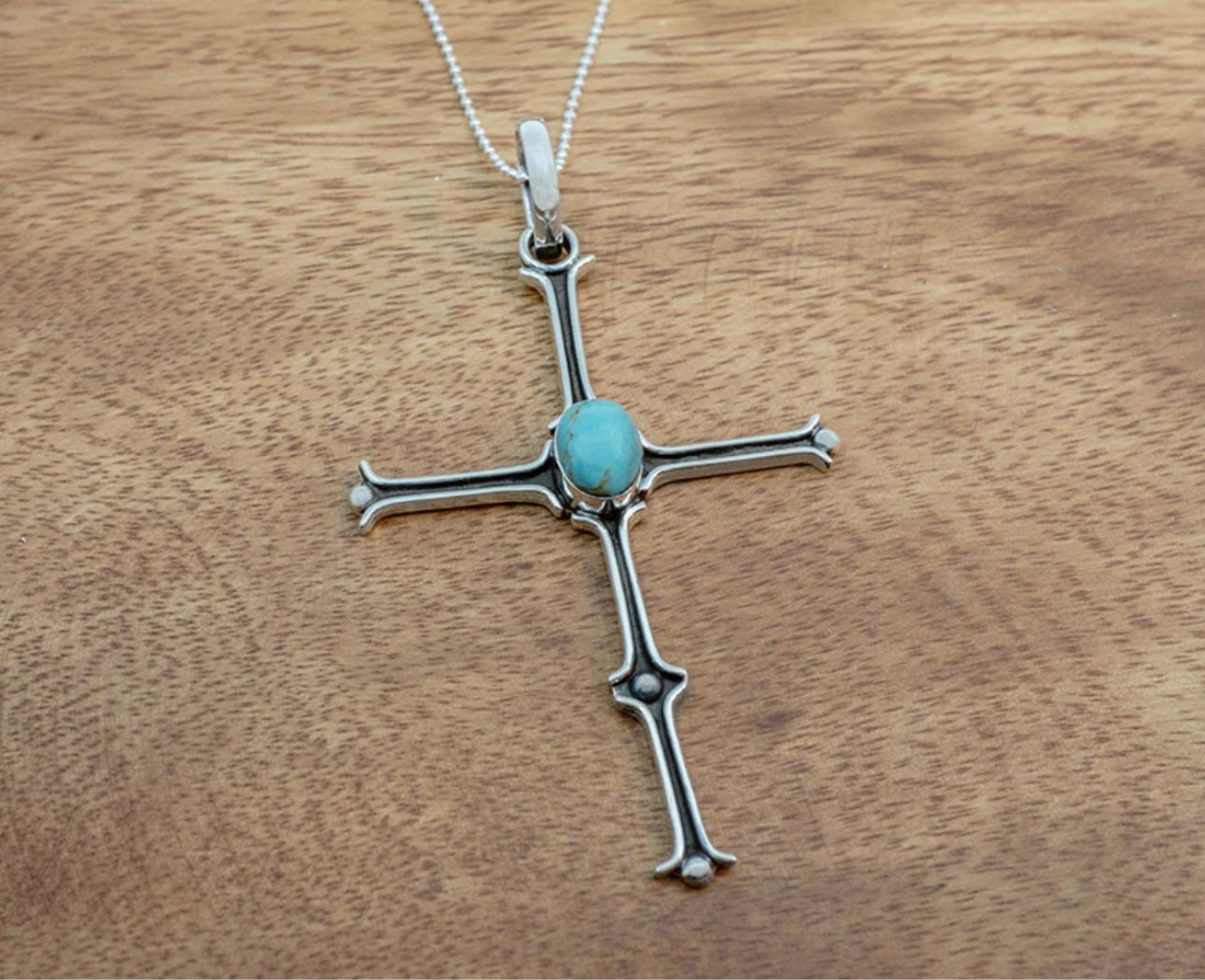 Matchstick Cross w/ Turquoise Center Necklace