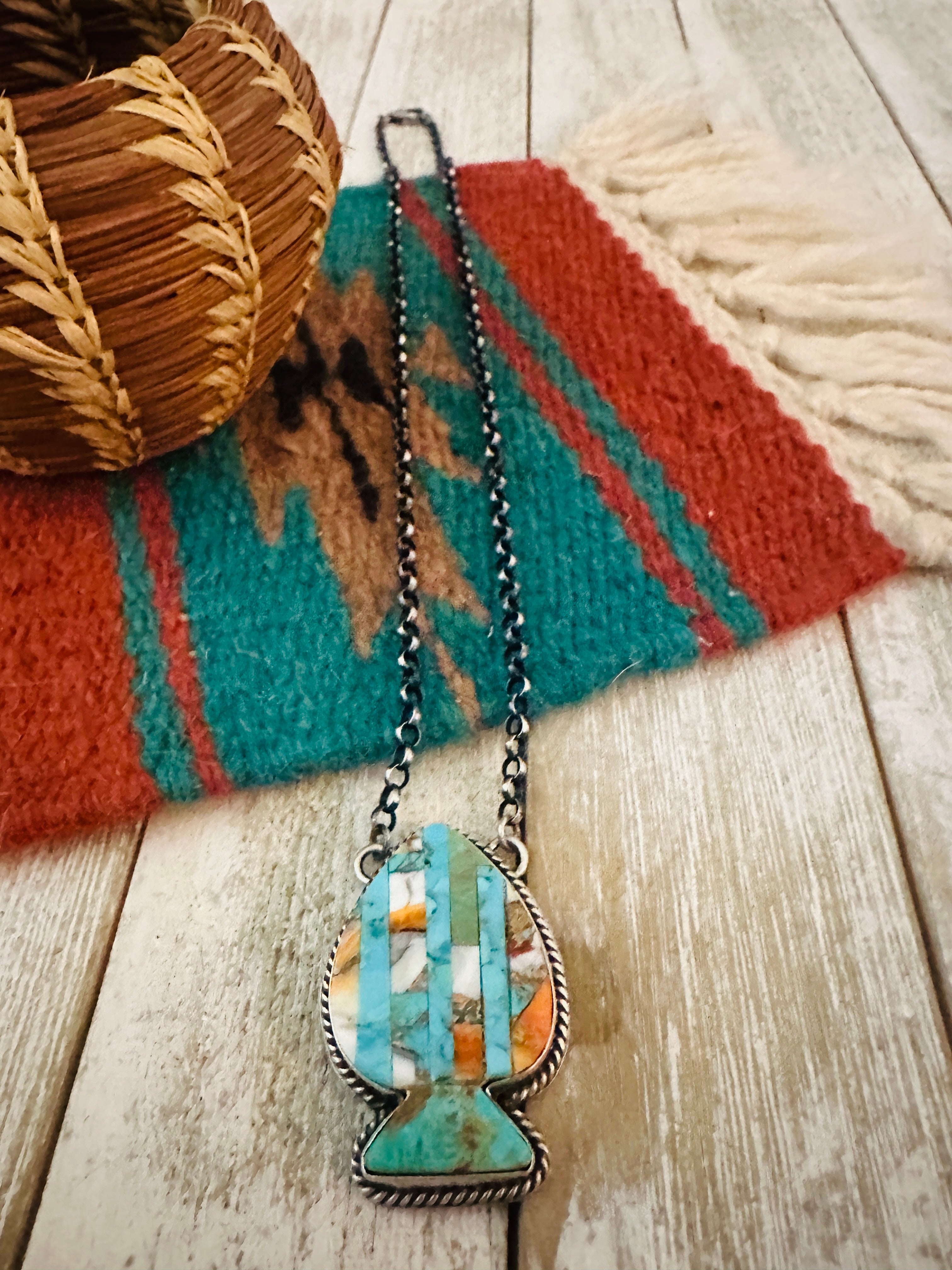 Navajo Sterling Silver & Multi Stone Inlay Spade Necklace