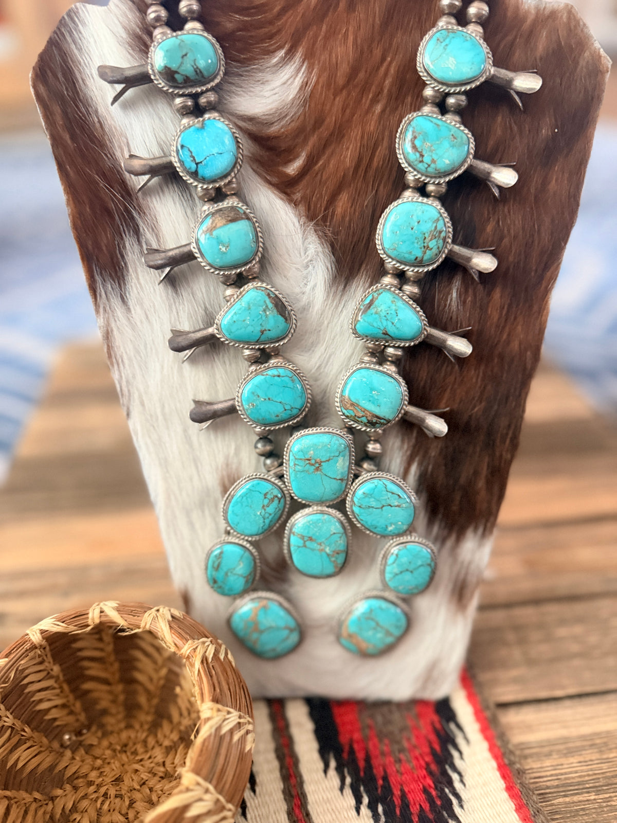 Old Pawn Handcrafted Turquoise & Sterling Silver Squash Blossom Necklace
