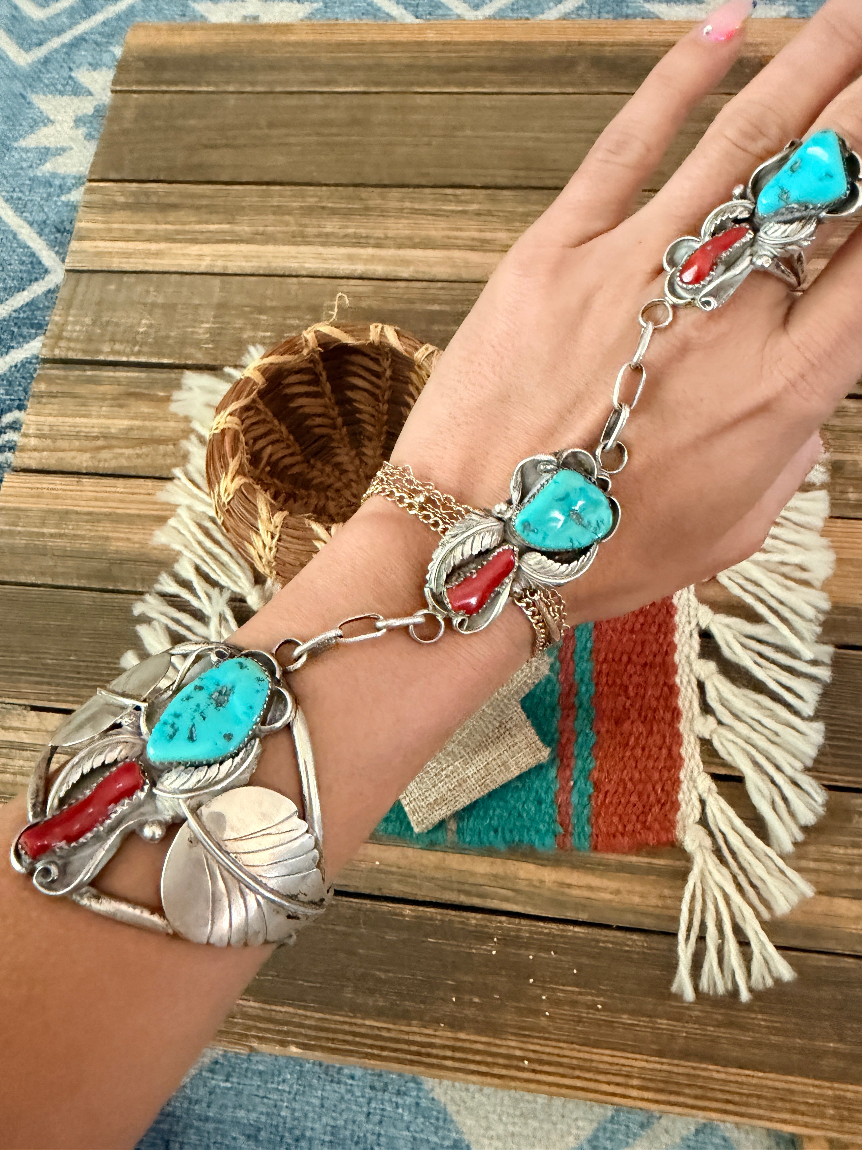 Handcrafted Old Pawn Turquoise, Coral & Sterling Silver Cuff Bracelet with Hand Chain