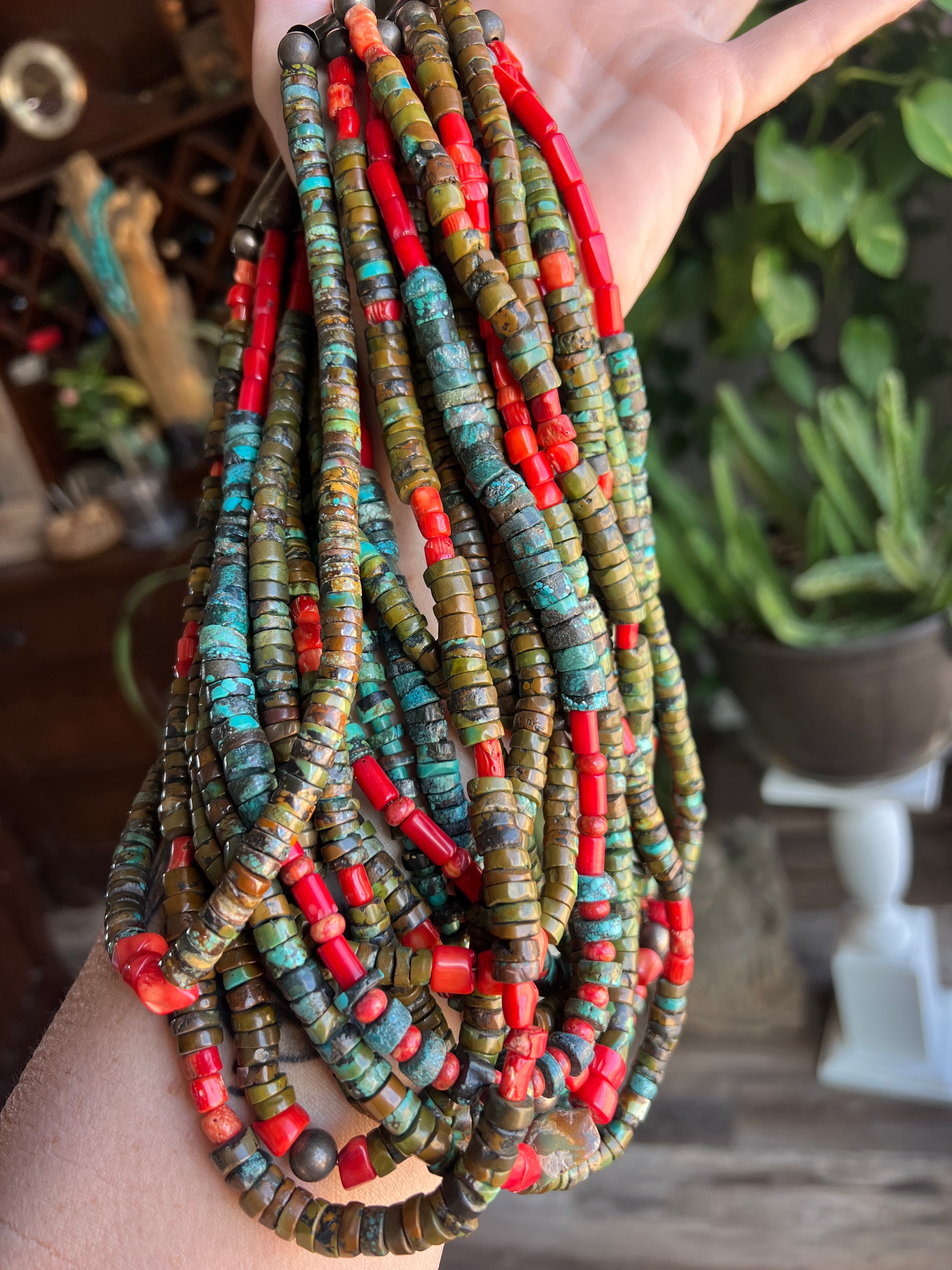 Handcrafted Hubei Turquoise Beaded Necklace with Sterling Silver and Bamboo Coral by Kirby Smith: 13 To Choose From!