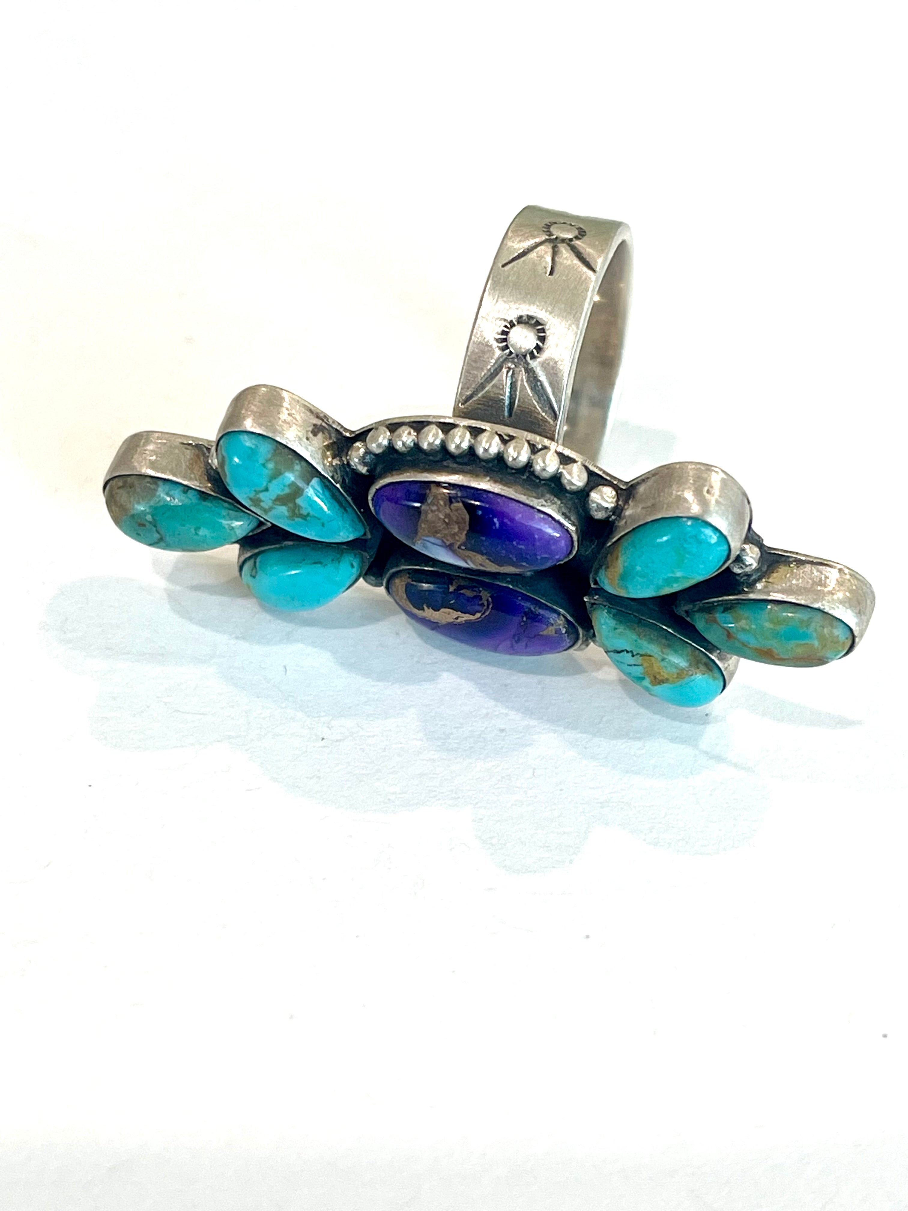 Beautiful Handmade Turquoise, Violet Frost And Sterling Silver Adjustable Ring