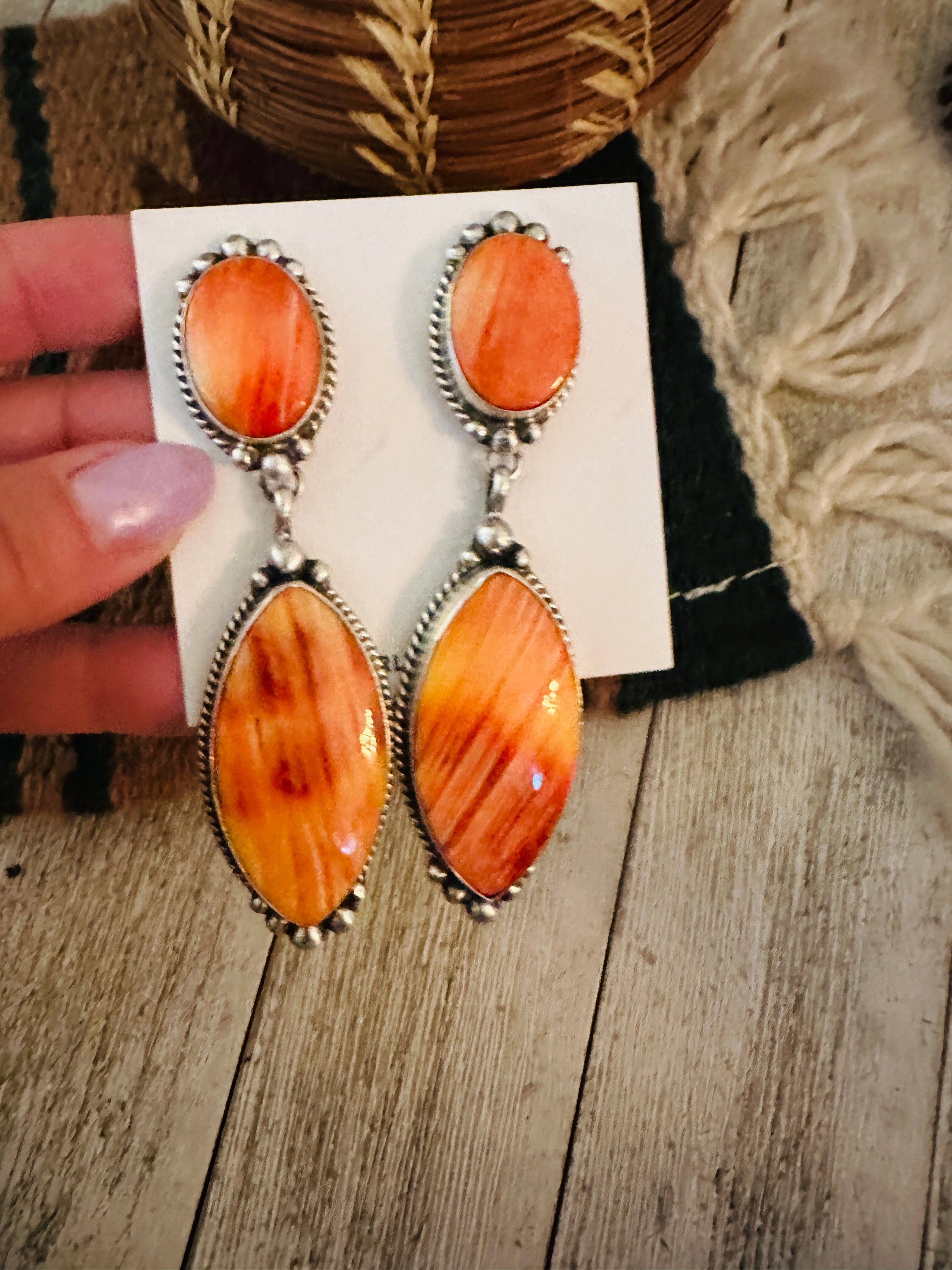 Handcrafted Orange Spiny and Sterling Silver Dangle Earrings by Elouise Kee