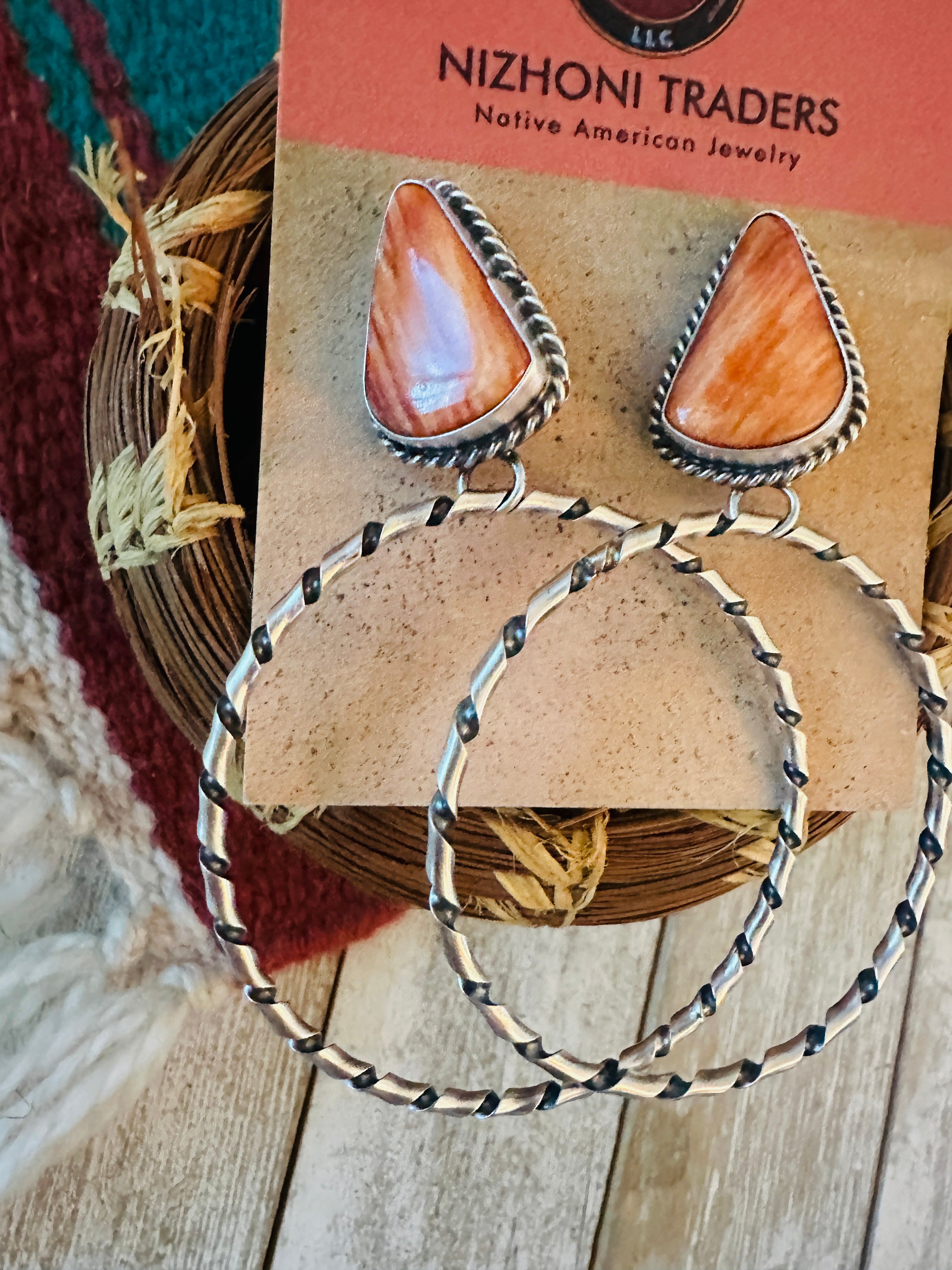 Navajo Orange Spiny and Sterling Silver Dangle Hoop Earrings