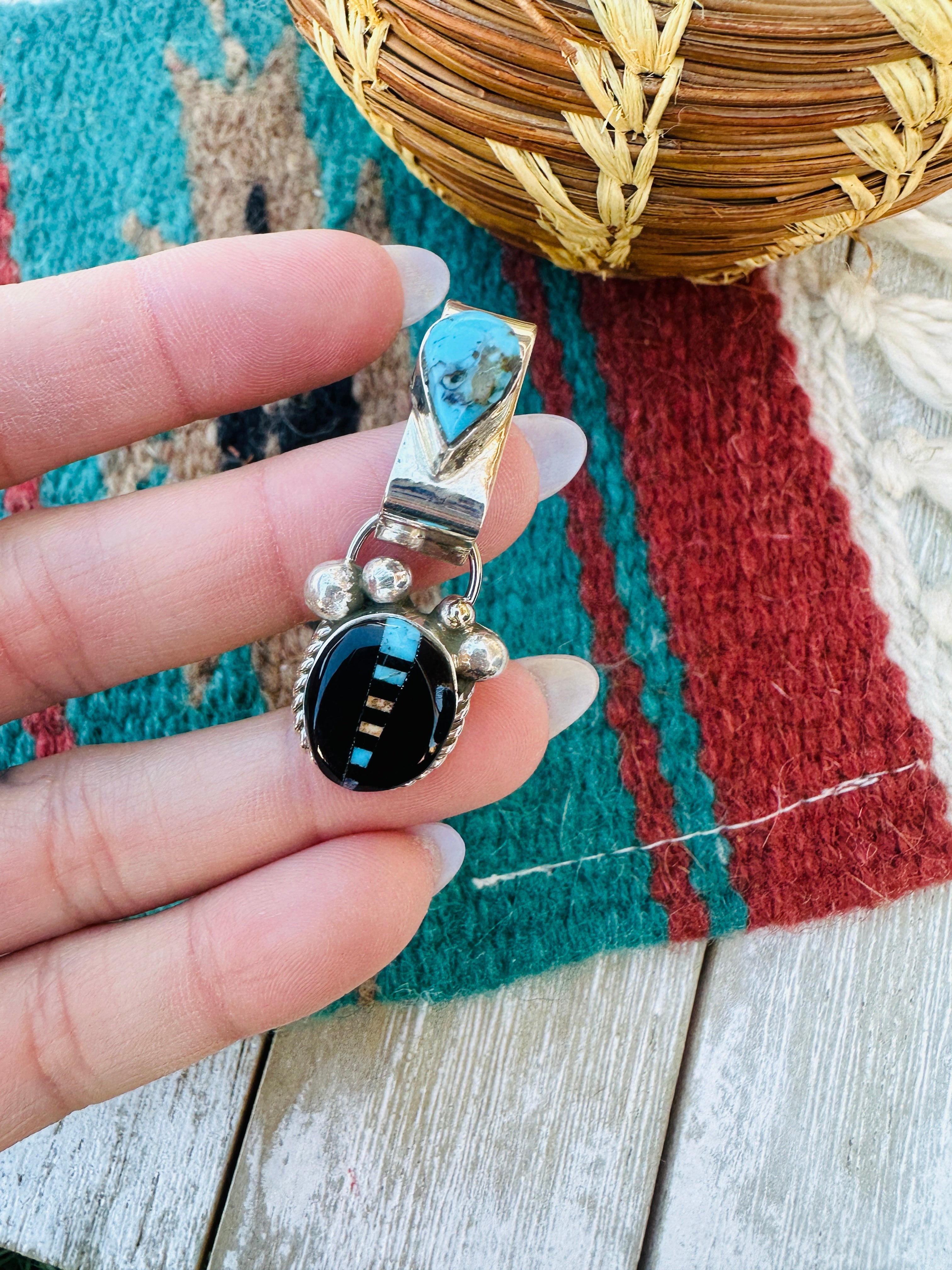 Handcrafted Sterling Silver and Multi Stone Inlay Pendant by Ray Jack