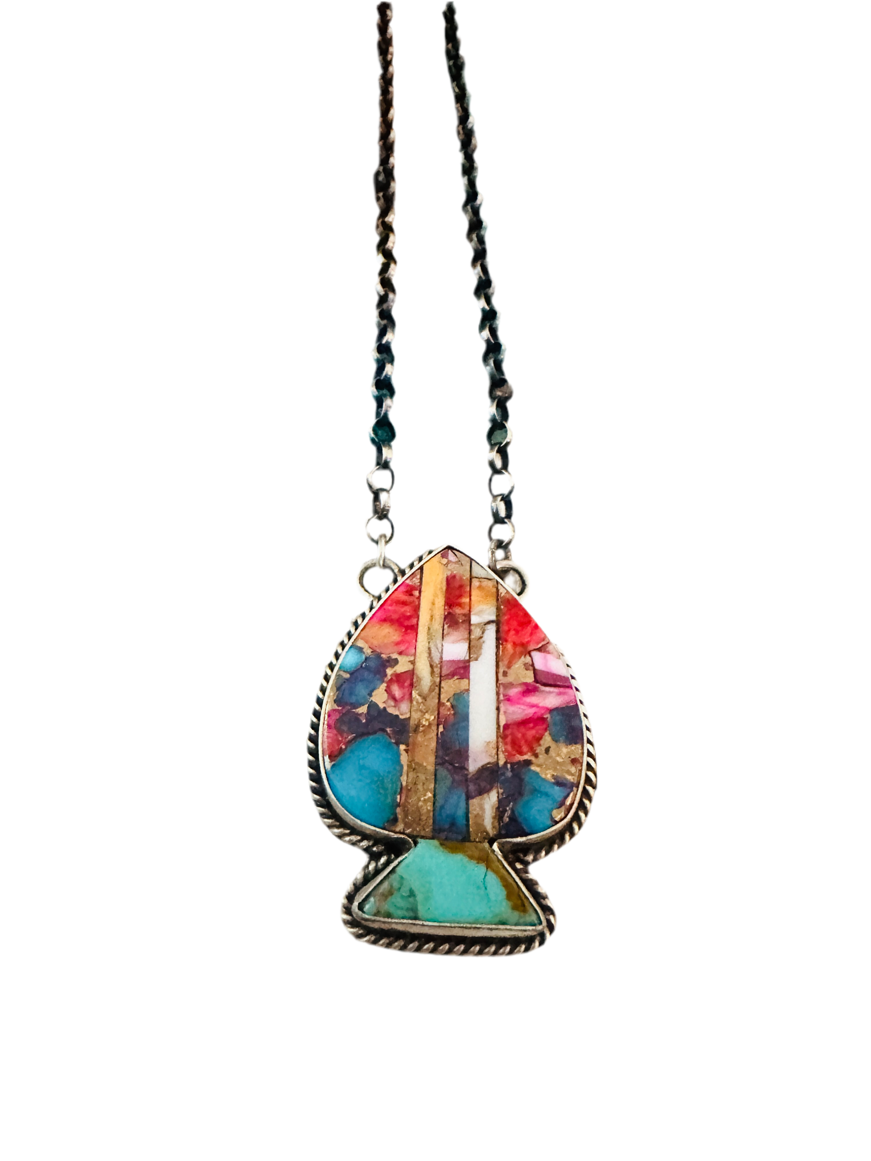 Navajo Sterling Silver & Multi Stone Inlay Spade Necklace