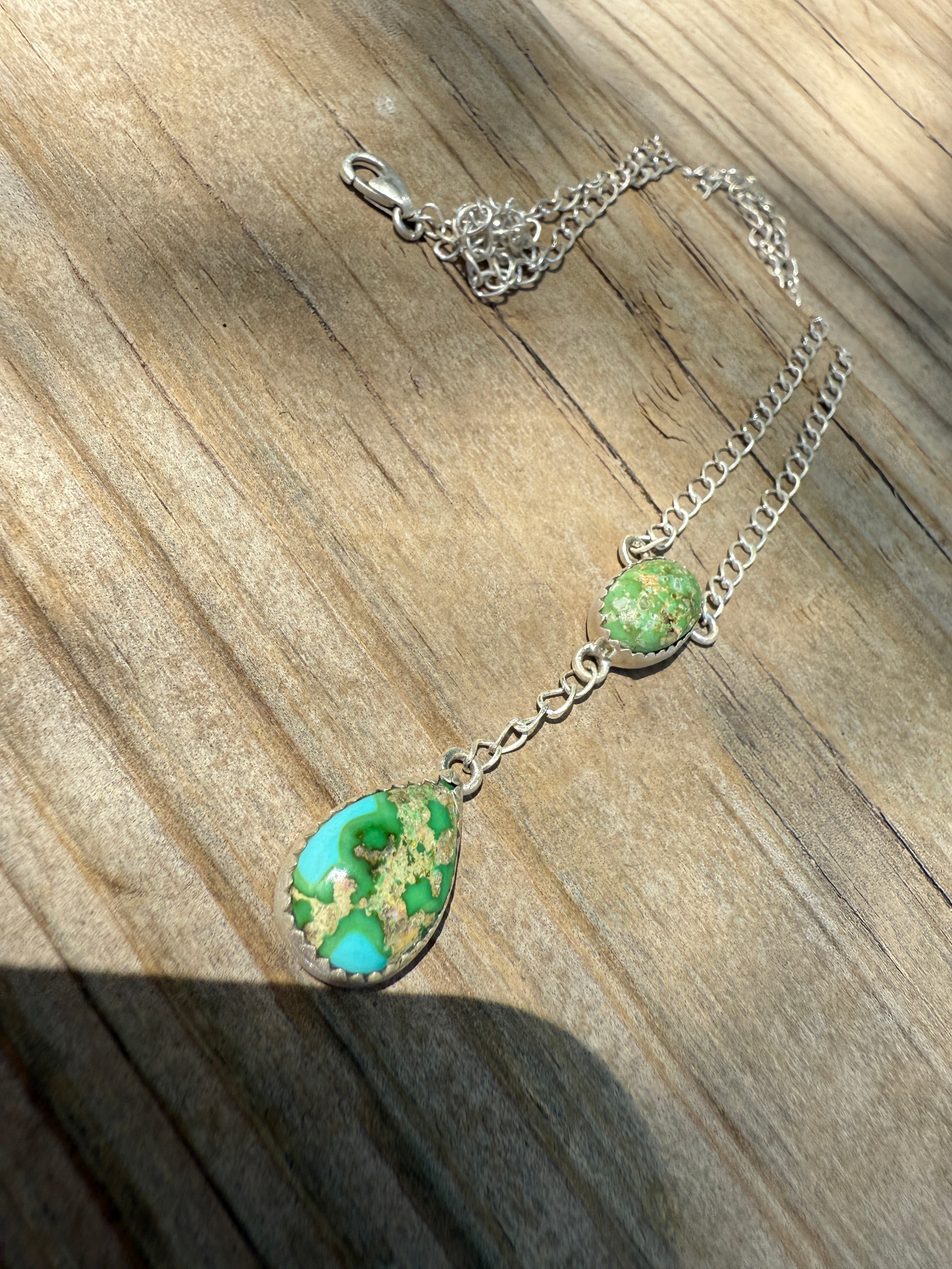 Beautiful Handmade Sterling Silver & Sonoran Turquoise 2 Stone Drop Necklace