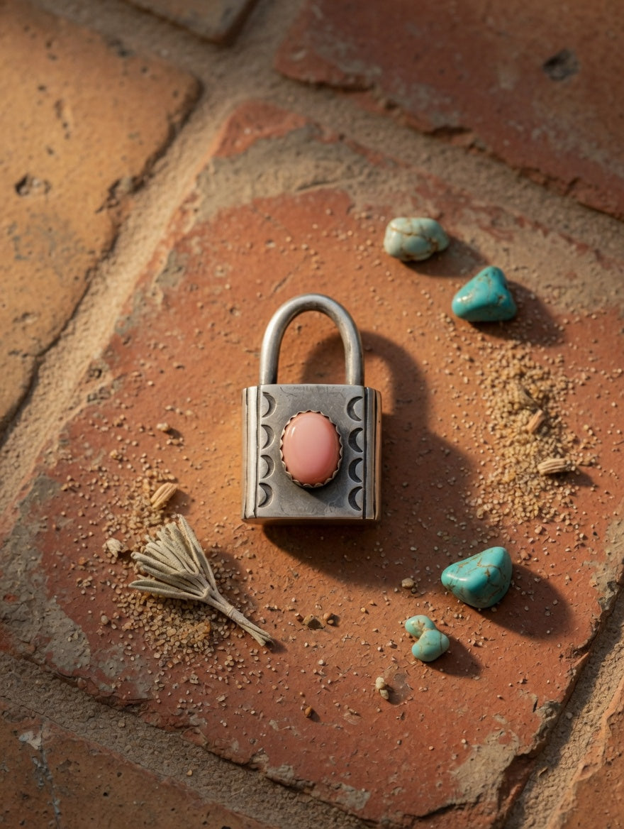 Sterling Silver Padlock Pendant with Pink Conch Stone