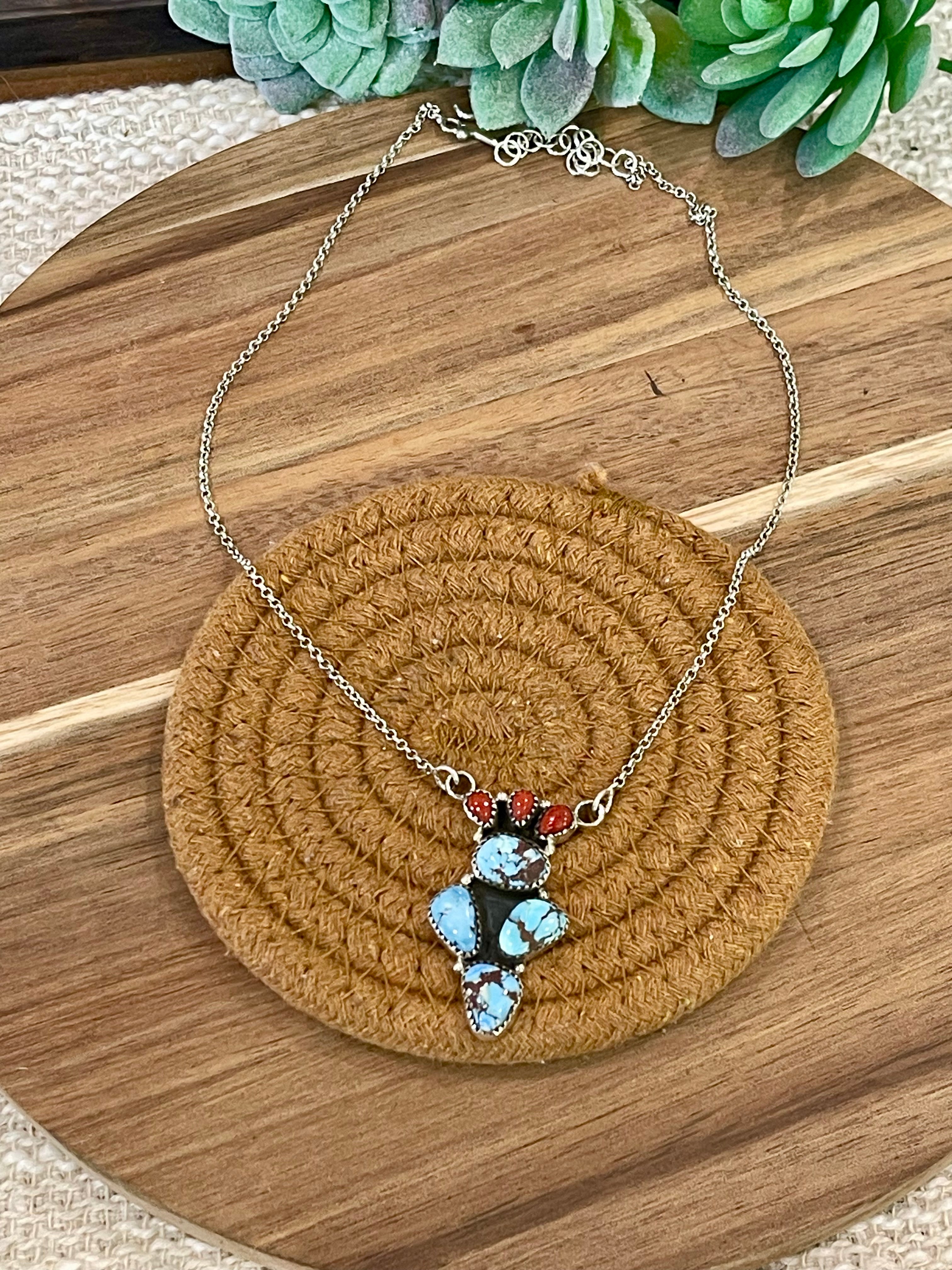 Handmade Sterling Silver, Golden Hills Turquoise & Coral Necklace Signed Nizhoni