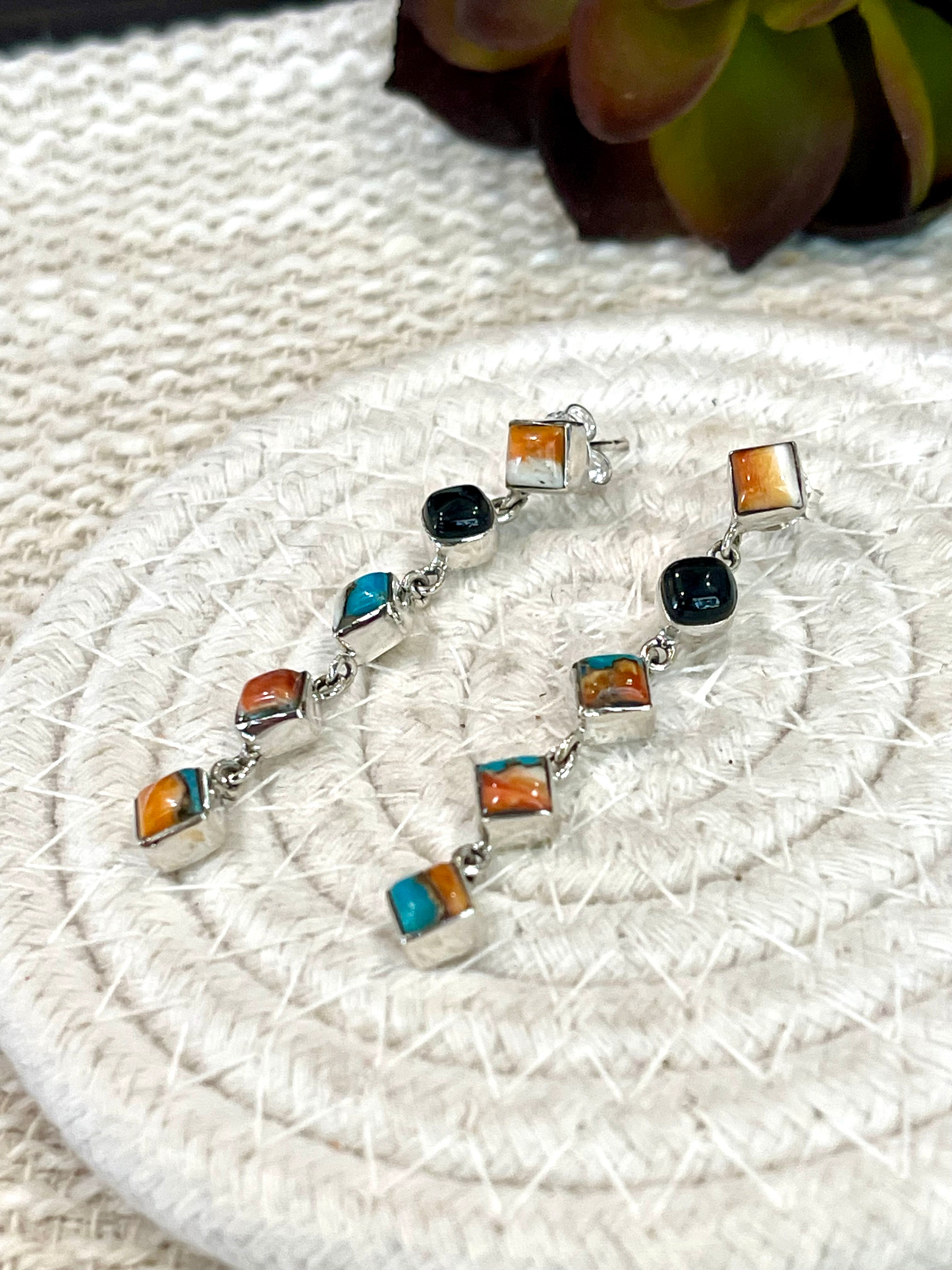 Handmade Onyx, Spice and Sterling Silver Post Dangle Earrings Signed Nizhoni