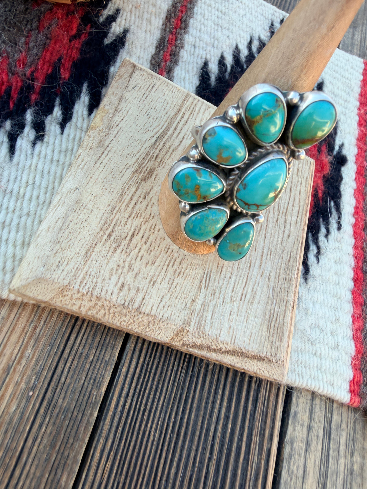 Handcrafted Turquoise & Sterling Silver Cluster Adjustable Ring by Geraldine James