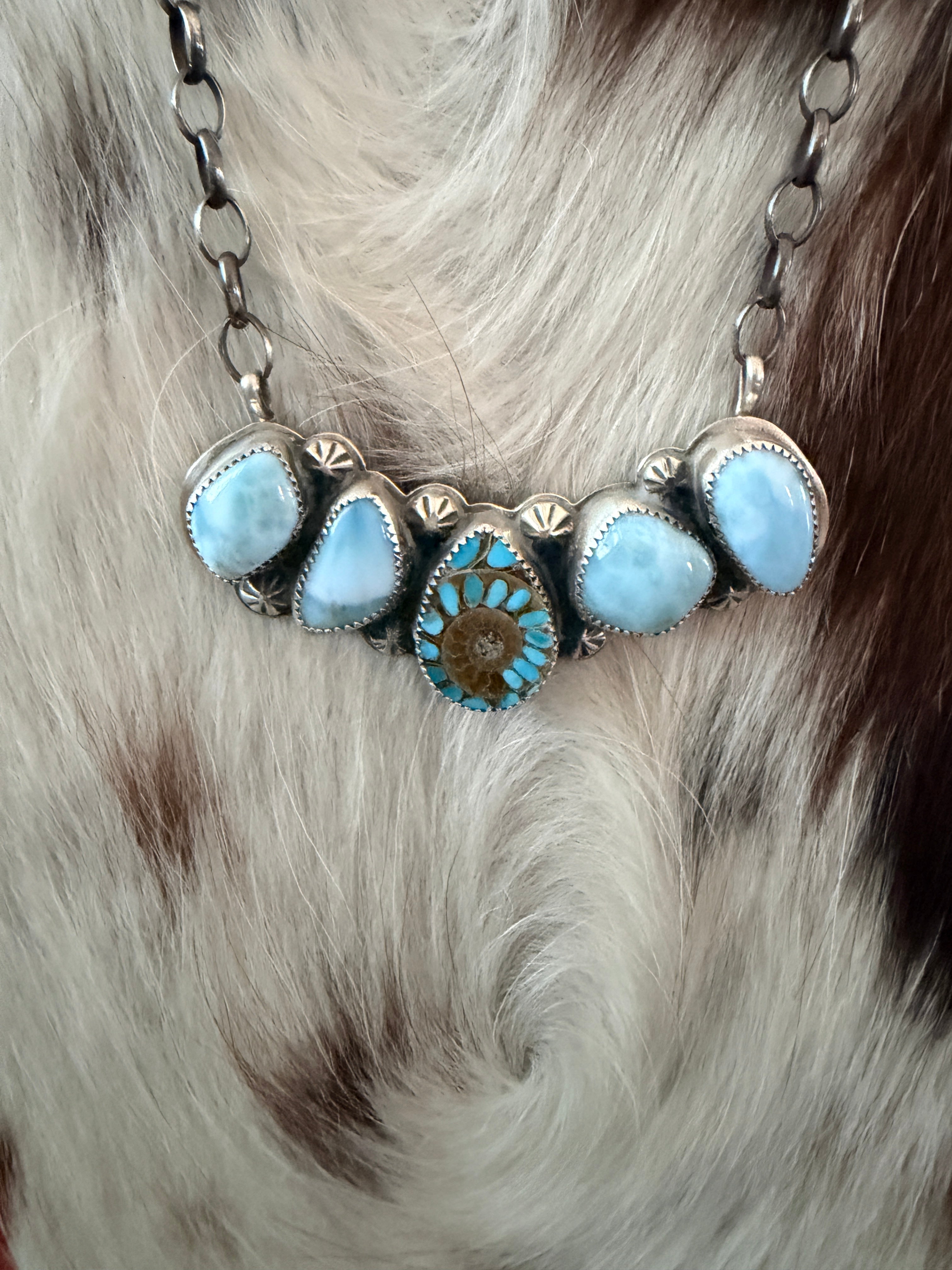 Handmade Sterling Silver, Larimar & Ammonite w/ Shattuckite Inlay Necklace Necklace