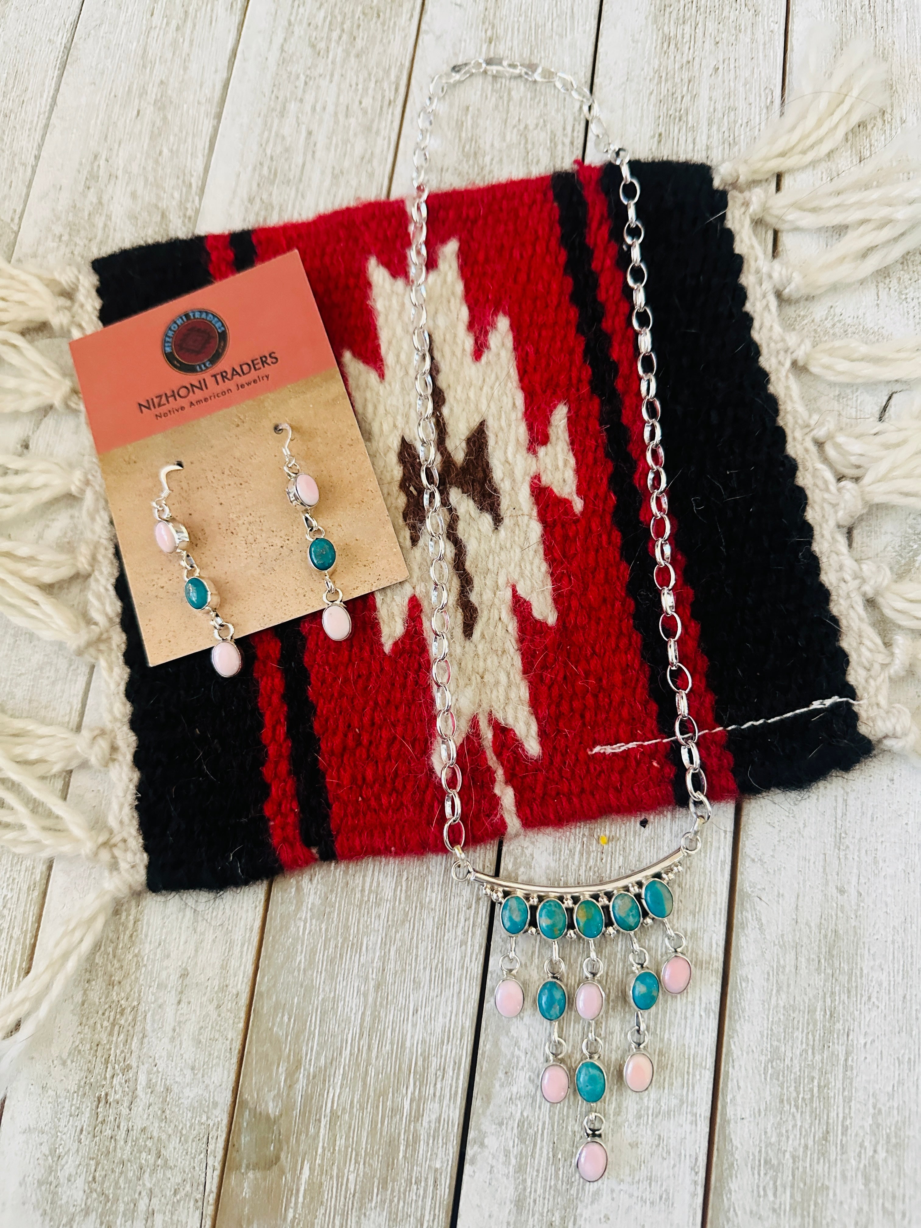 Handcrafted Turquoise, Queen Pink Conch & Sterling Silver Chandelier Necklace Set