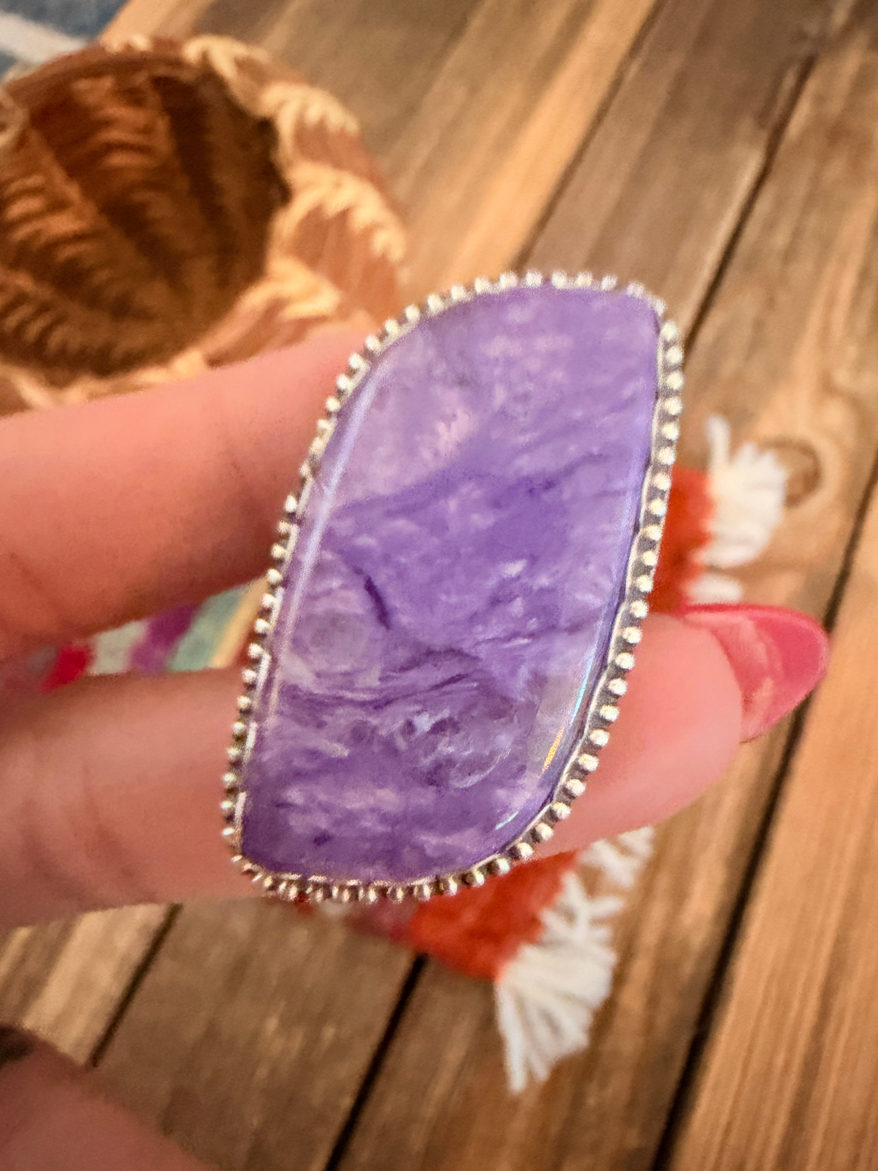 Handmade Sterling Silver and Charoite Adjustable Ring