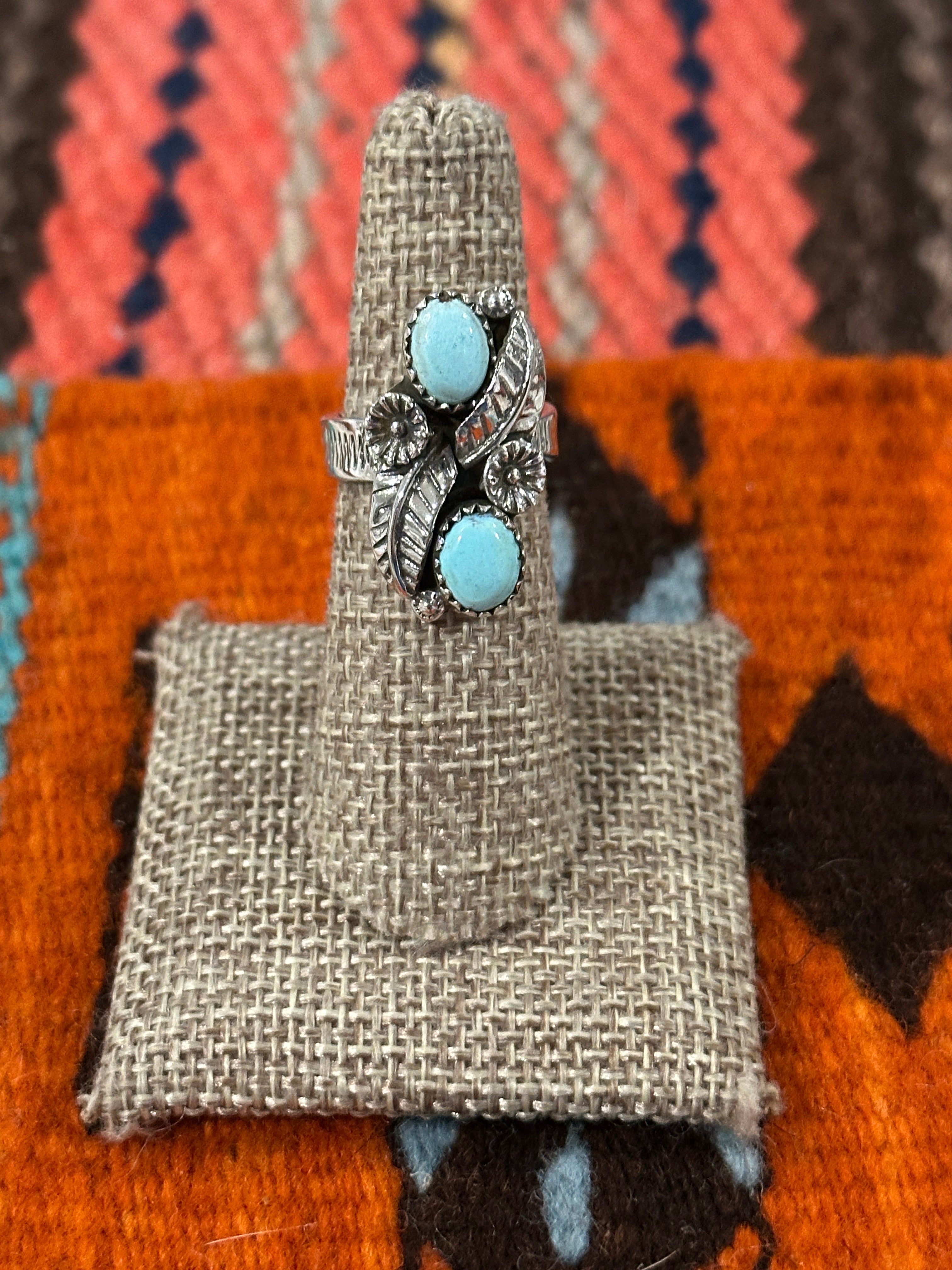 Beautiful Handmade Golden Hills Turquoise And Sterling Silver Adjustable 2 Stone Flower Leaf Ring