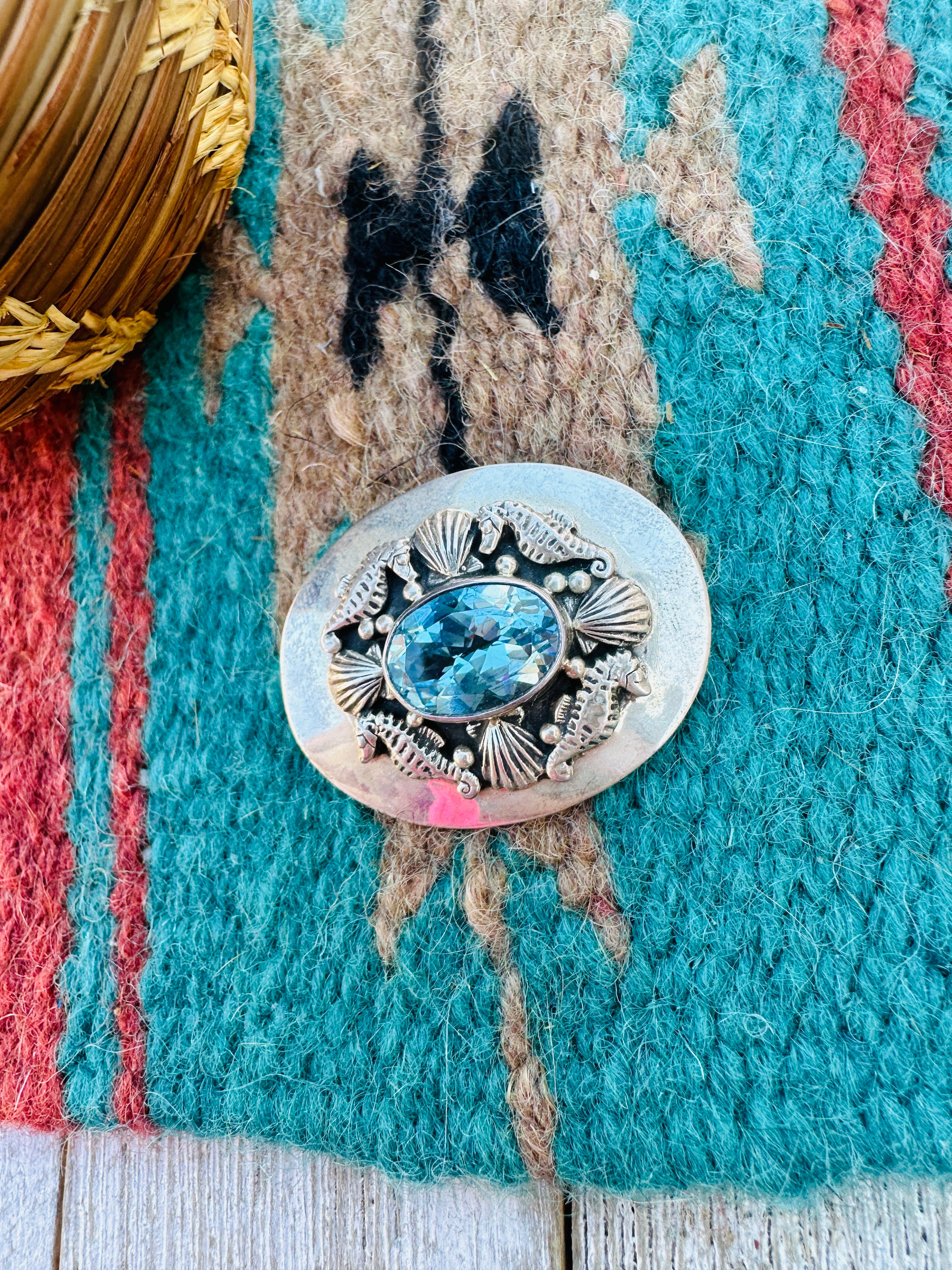 Handcrafted Old Pawn Sterling Silver & Topaz Seahorse Brooch