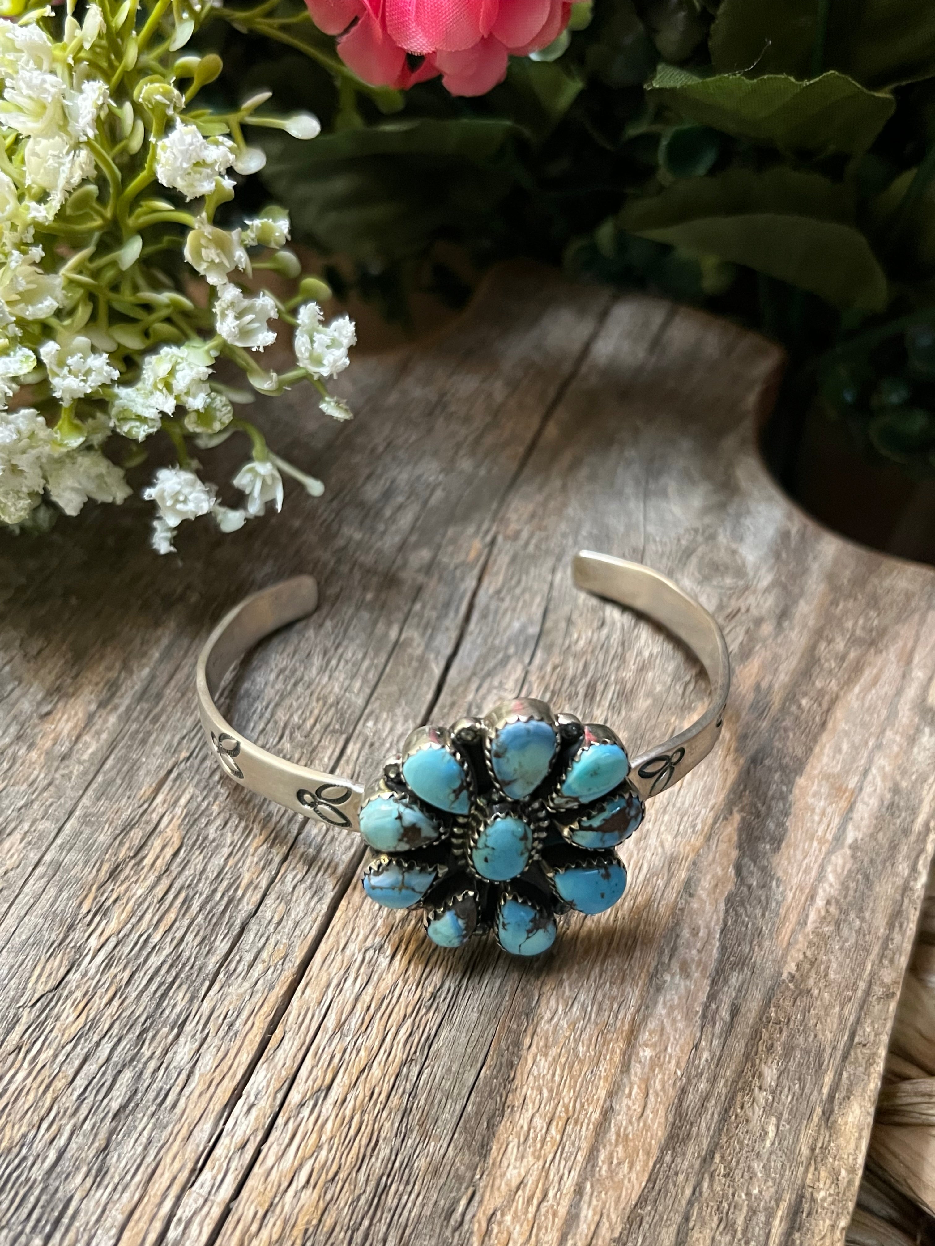 Handmade Golden Hills Turquoise Cluster Sterling Silver Cuff Bracelet (05)