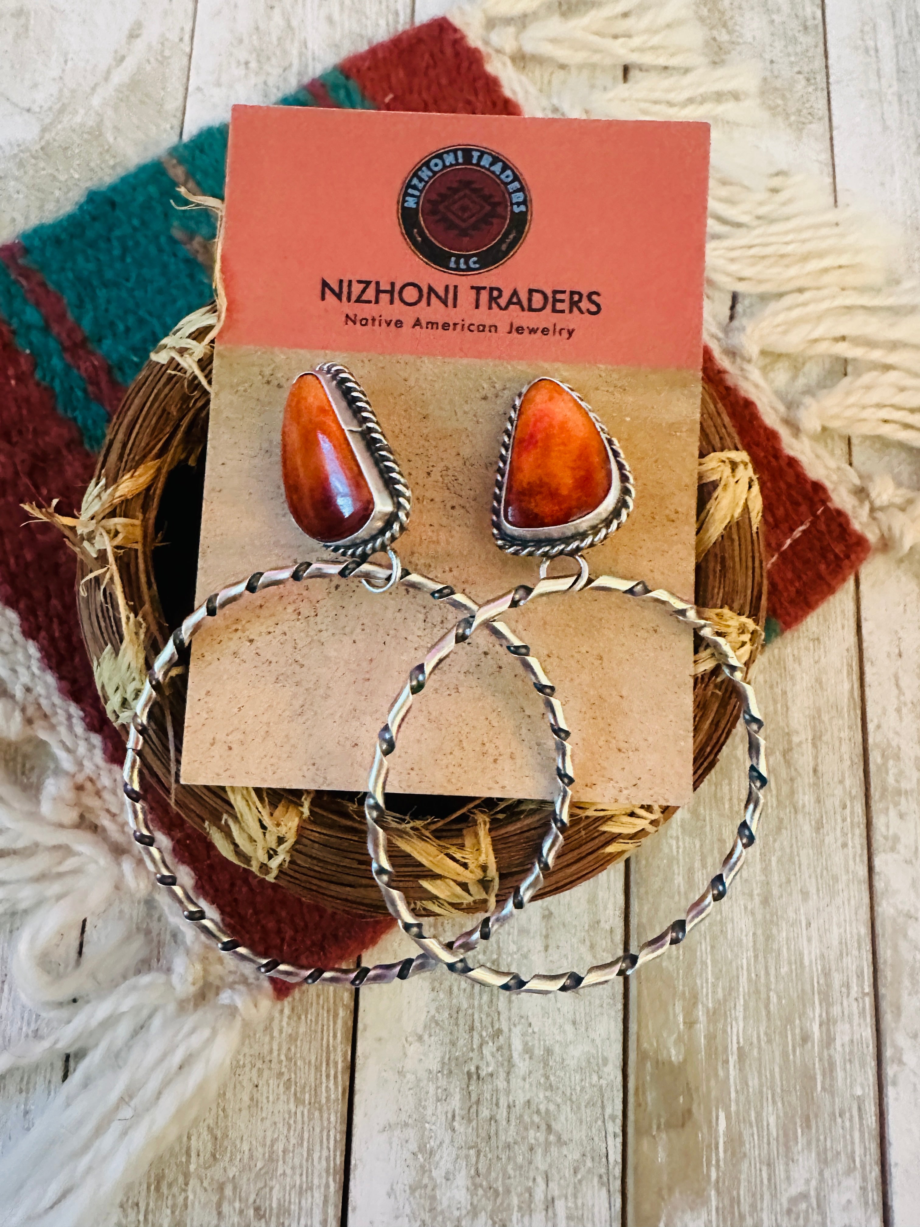 Navajo Orange Spiny and Sterling Silver Dangle Hoop Earrings